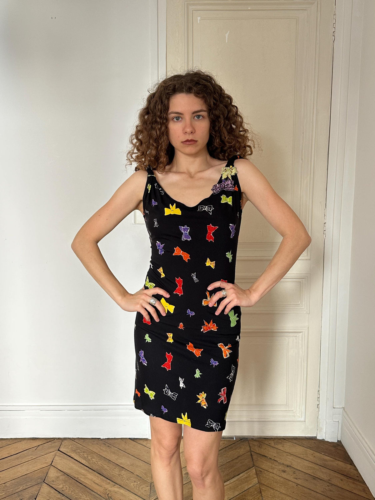 Vintage Iceberg Bow Print Mini Dress in Black