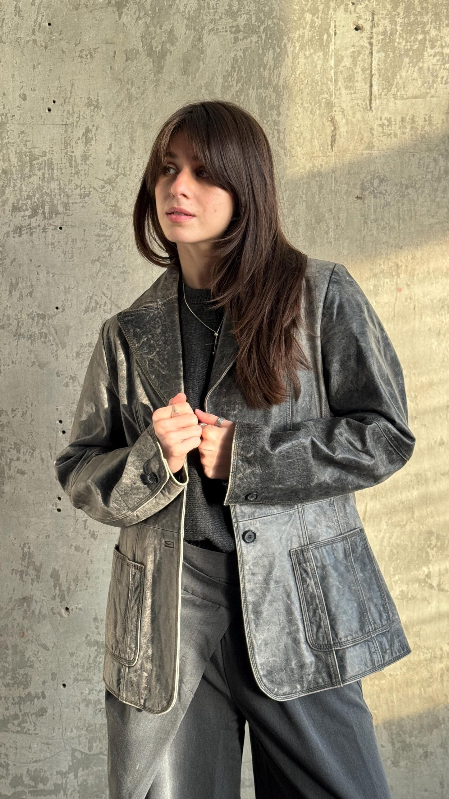 Vintage 90s Burnt Boxy Leather Jacket In Black/Grey