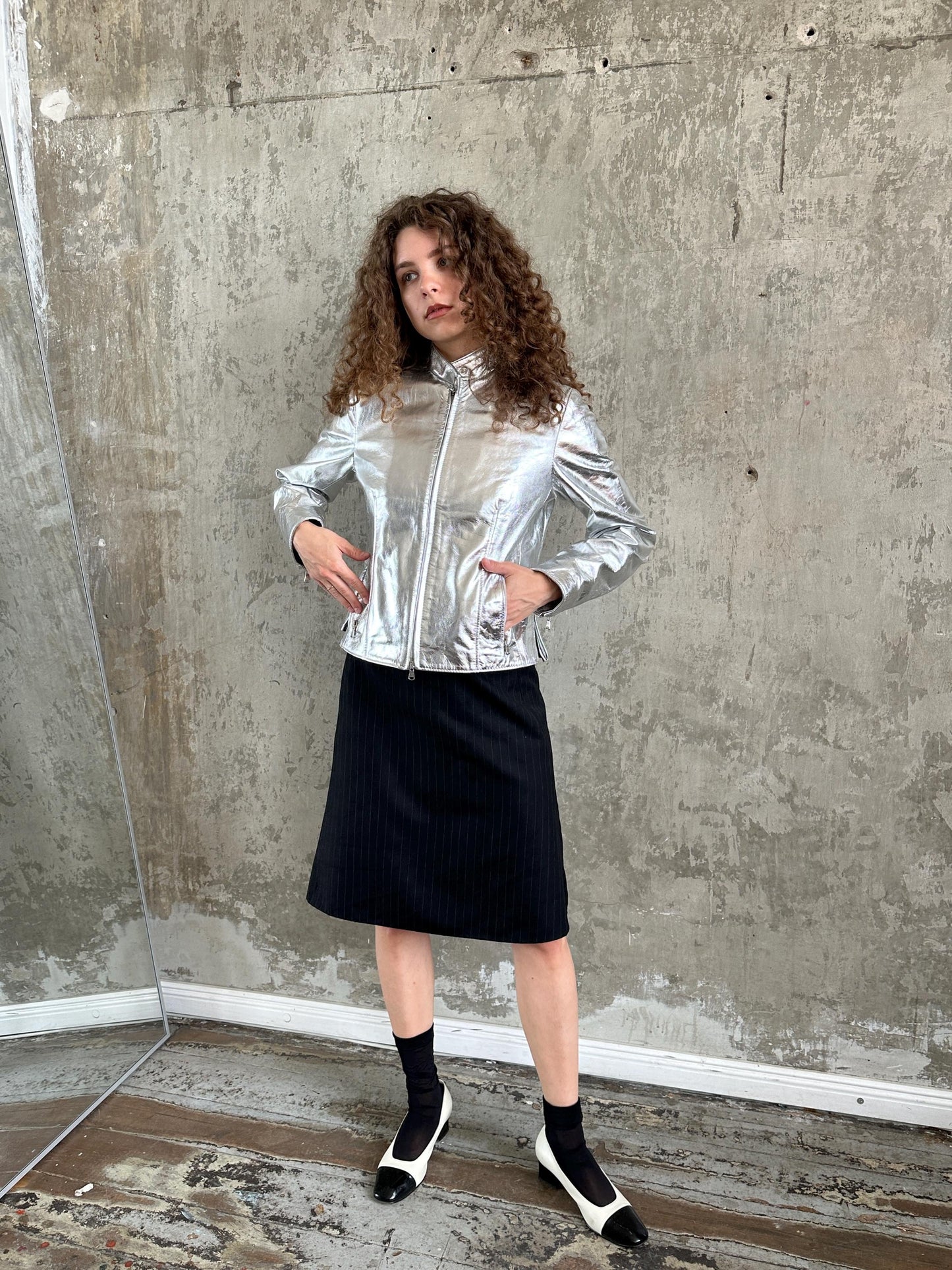 Vintage Y2K Silver Metallic Leather Jacket | Moto Racer Zip Jacket