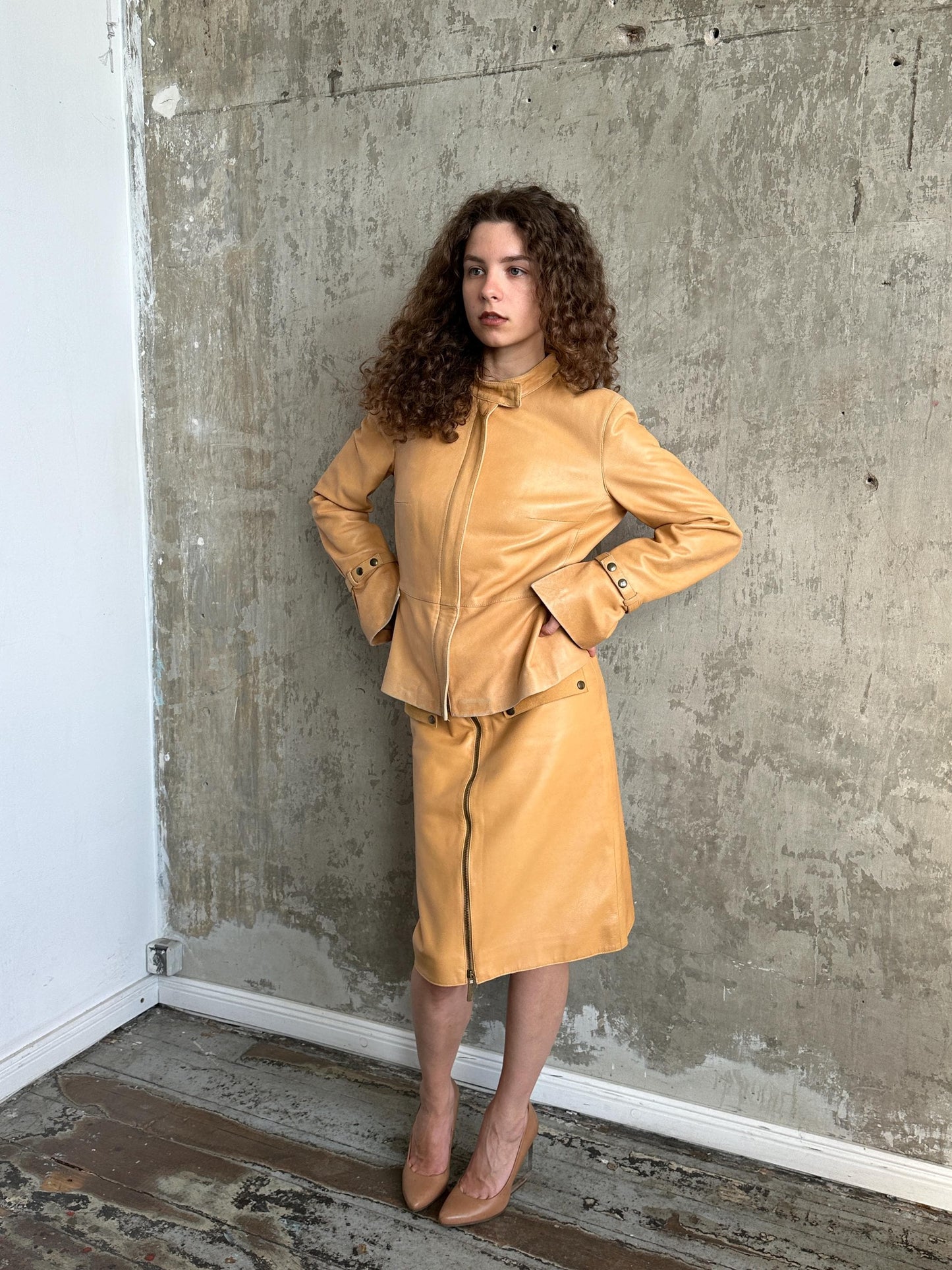 Vintage 90s Camel Tan Leather Suit | Jacket & Zip Skirt Set in Brown