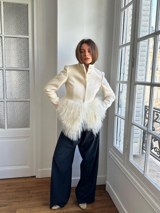 Vintage Y2K Ivory Wool Short Coat with Tibetan Lamb Fur Hem