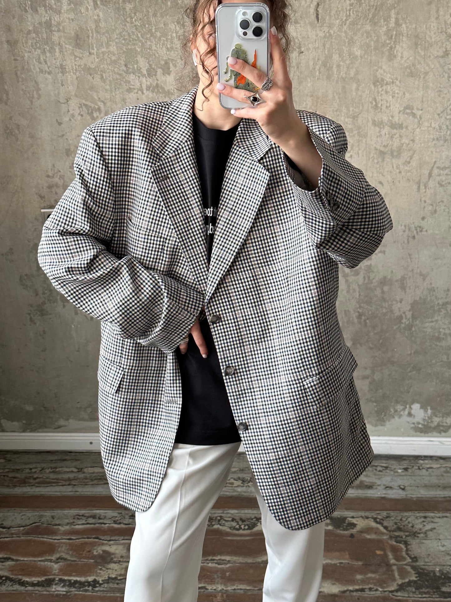 Vintage boyfriend check blazer in black and white, wool blazer