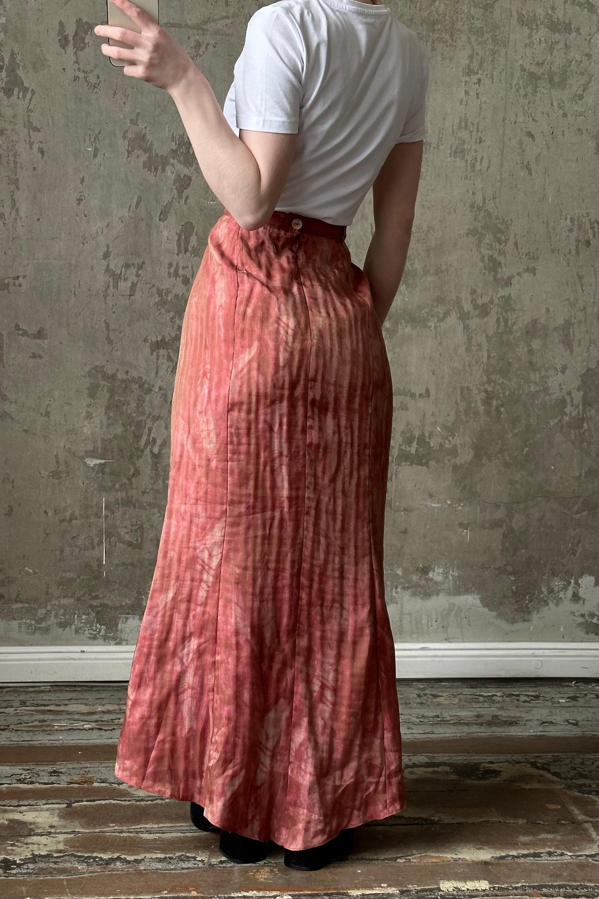 Vintage viscose shiny high-low maxi skirt in red