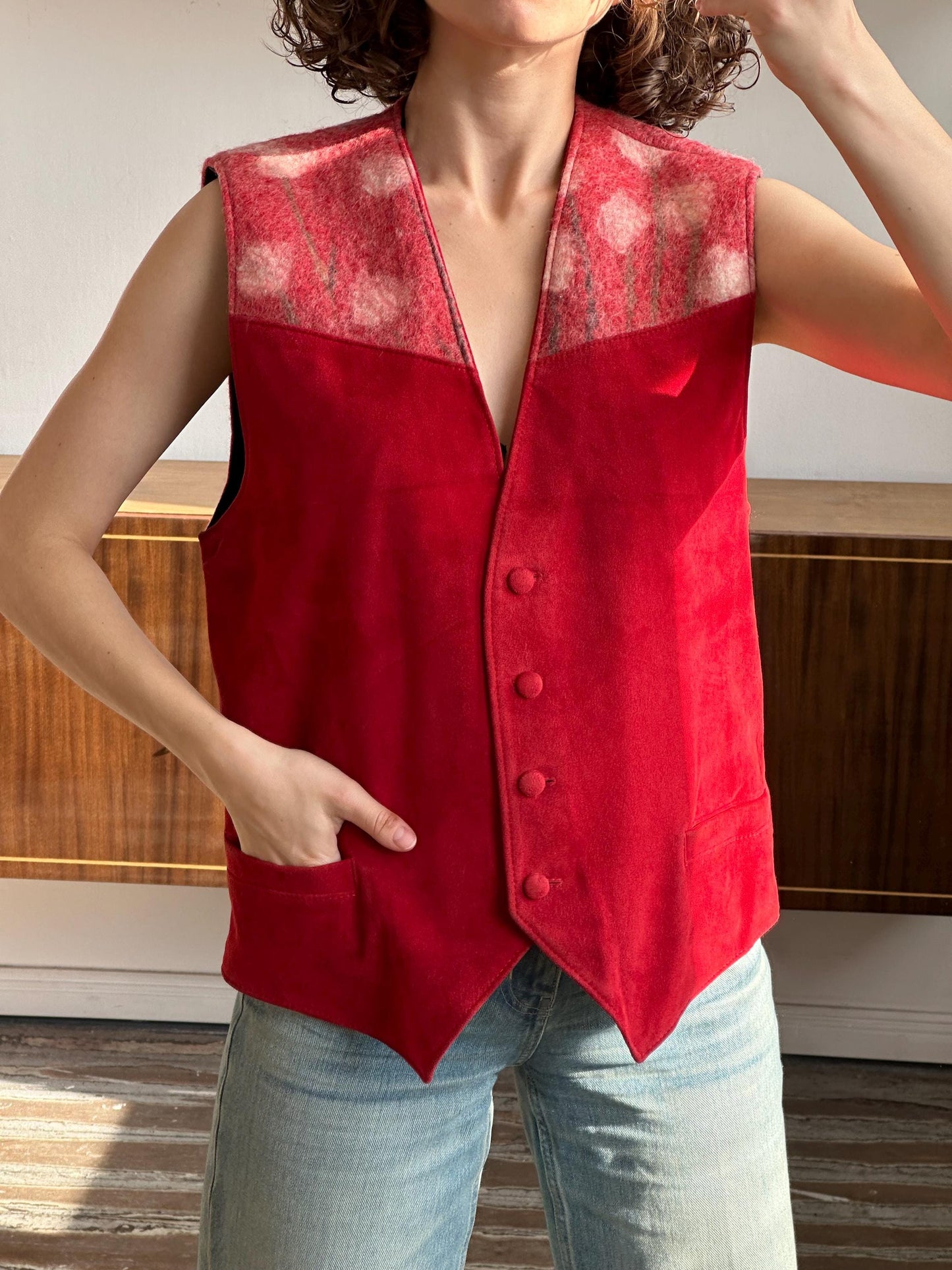 Vintage insulated leather vest in red, leather waistcoat