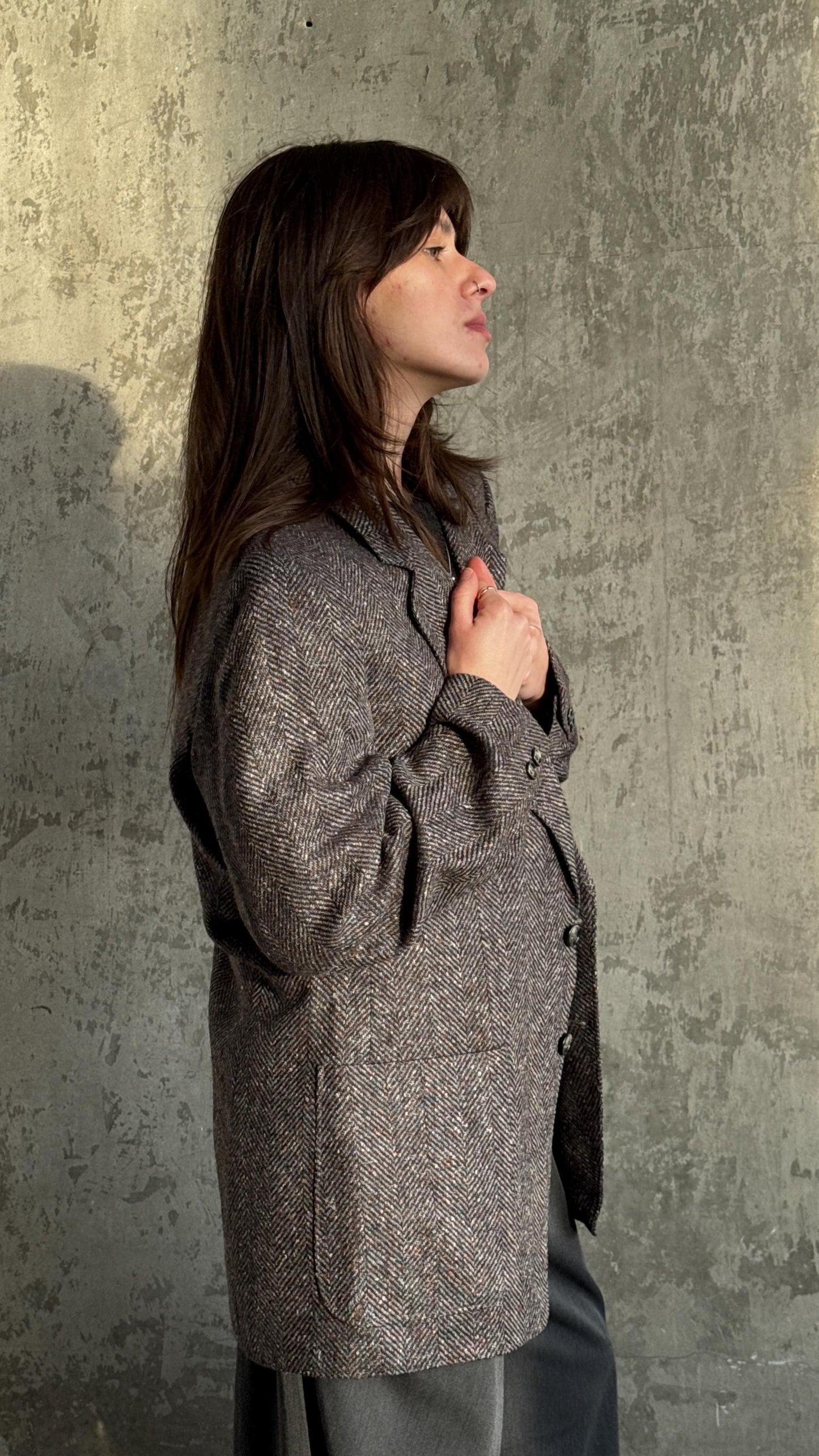 Vintage 90s Classic Herringbone Wool Blazer In Grey