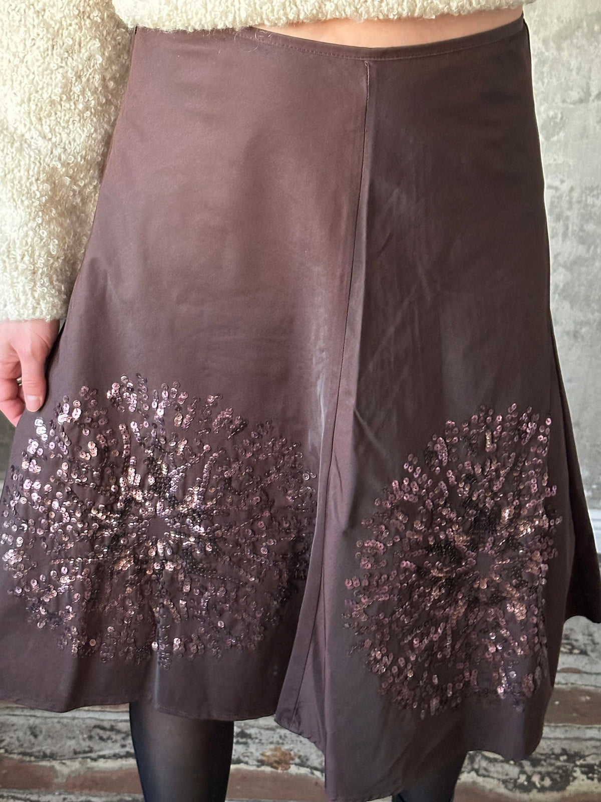 Vintage y2k shiny satin skirt in brown, midi office look skirt