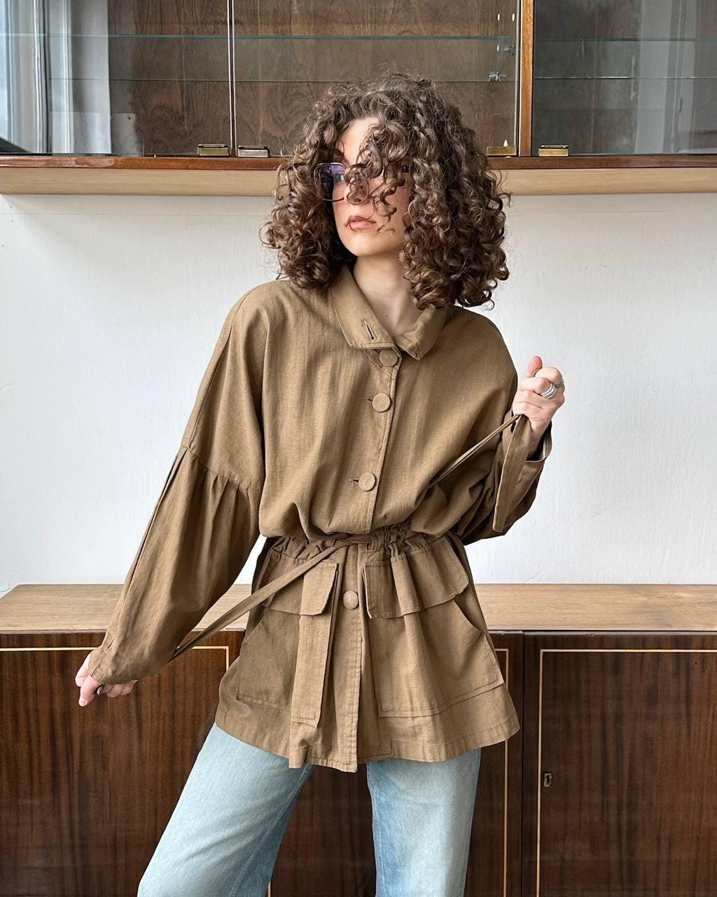 Vintage 90s oversized loose linen jacket in brown