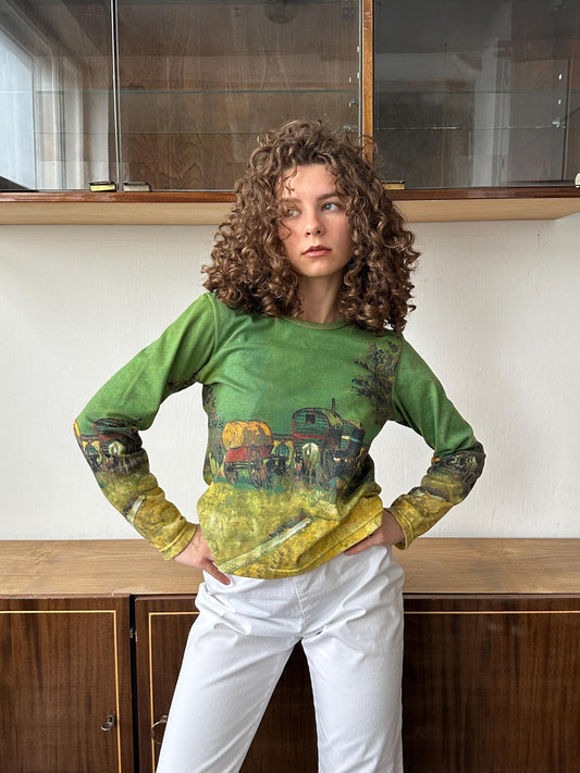 Vintage cotton sweatshirt in green with abstract nature print