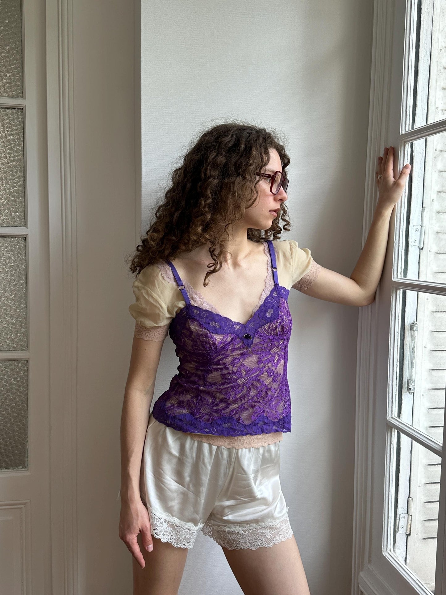 Vintage Dolce & Gabbana Lace Purple Top with Silk Blush Pink Cap Sleeve