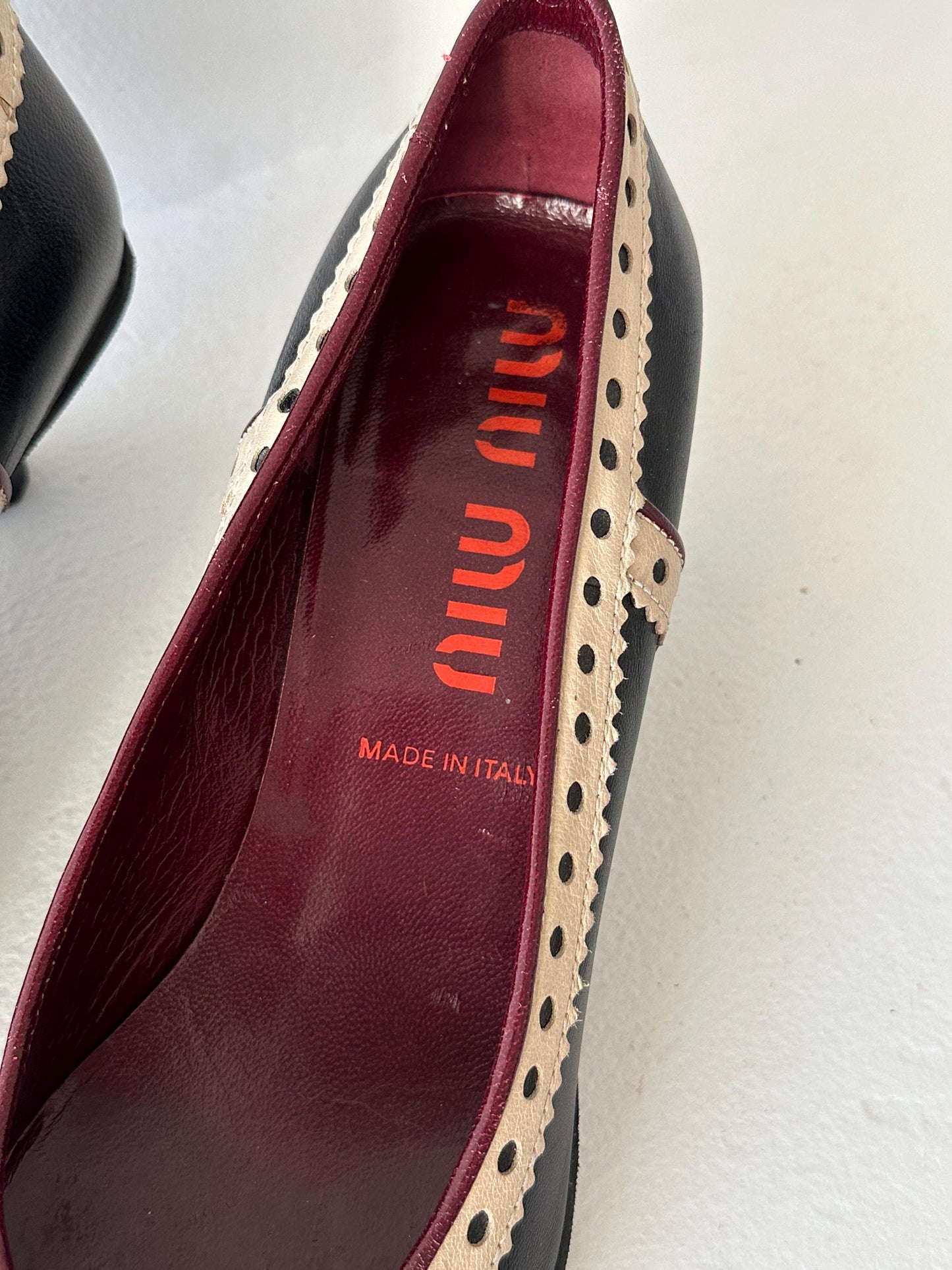 Miu Miu Black & Cream Perforated Leather Kitten Heel Pumps I US 6.5