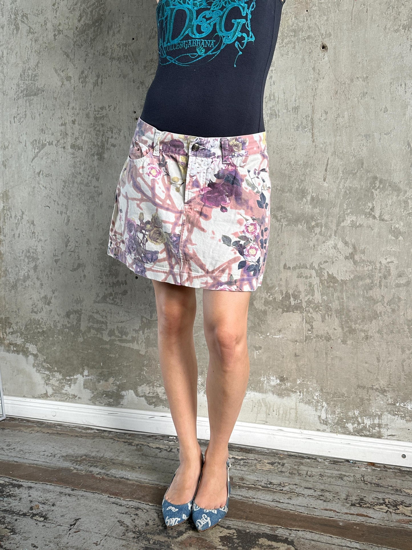 Vintage Y2K Cavalli Denim Floral Mini Skirt in Pink