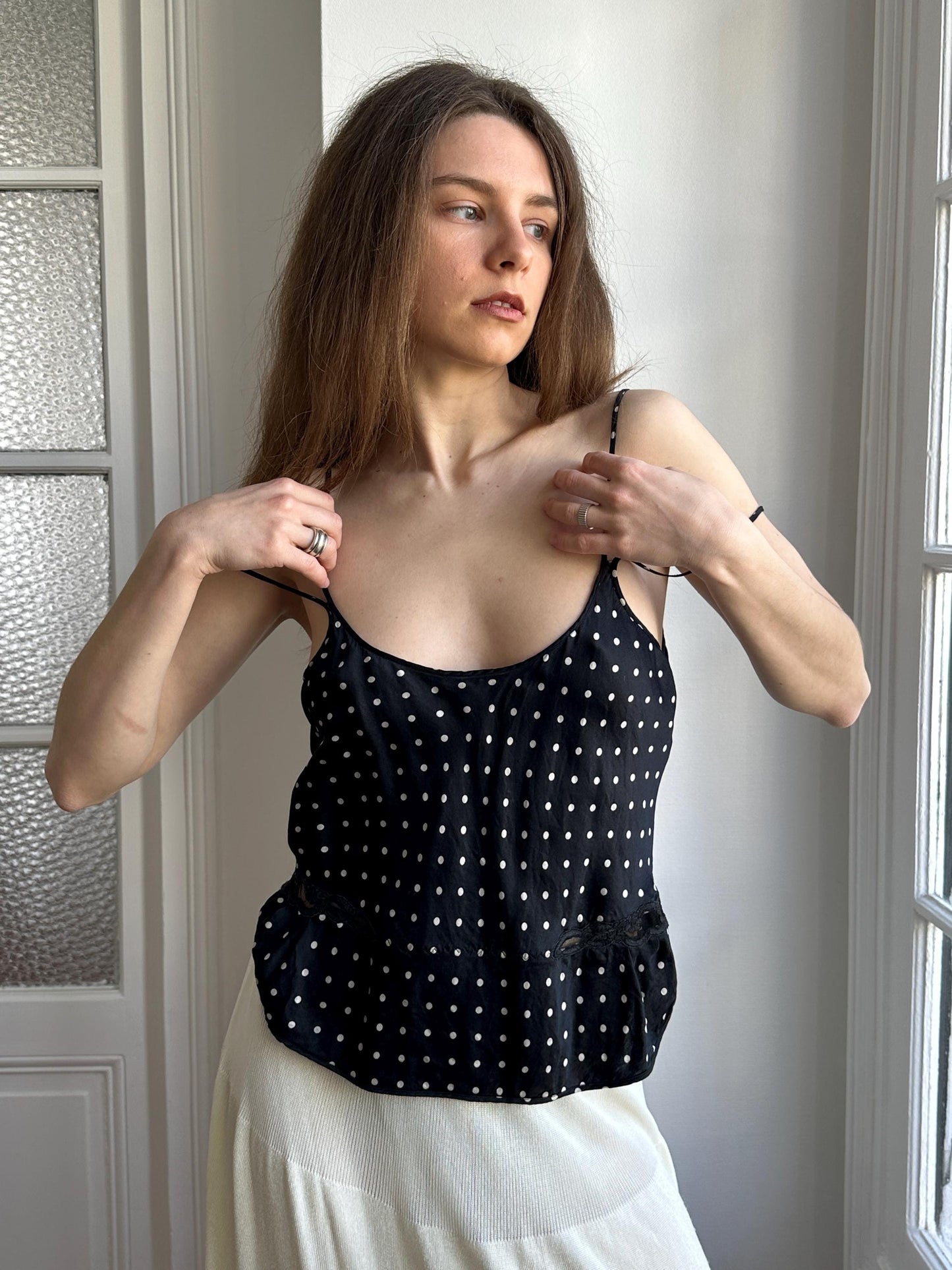 Vintage Pure Silk Polka Dot Nightie Top in Black