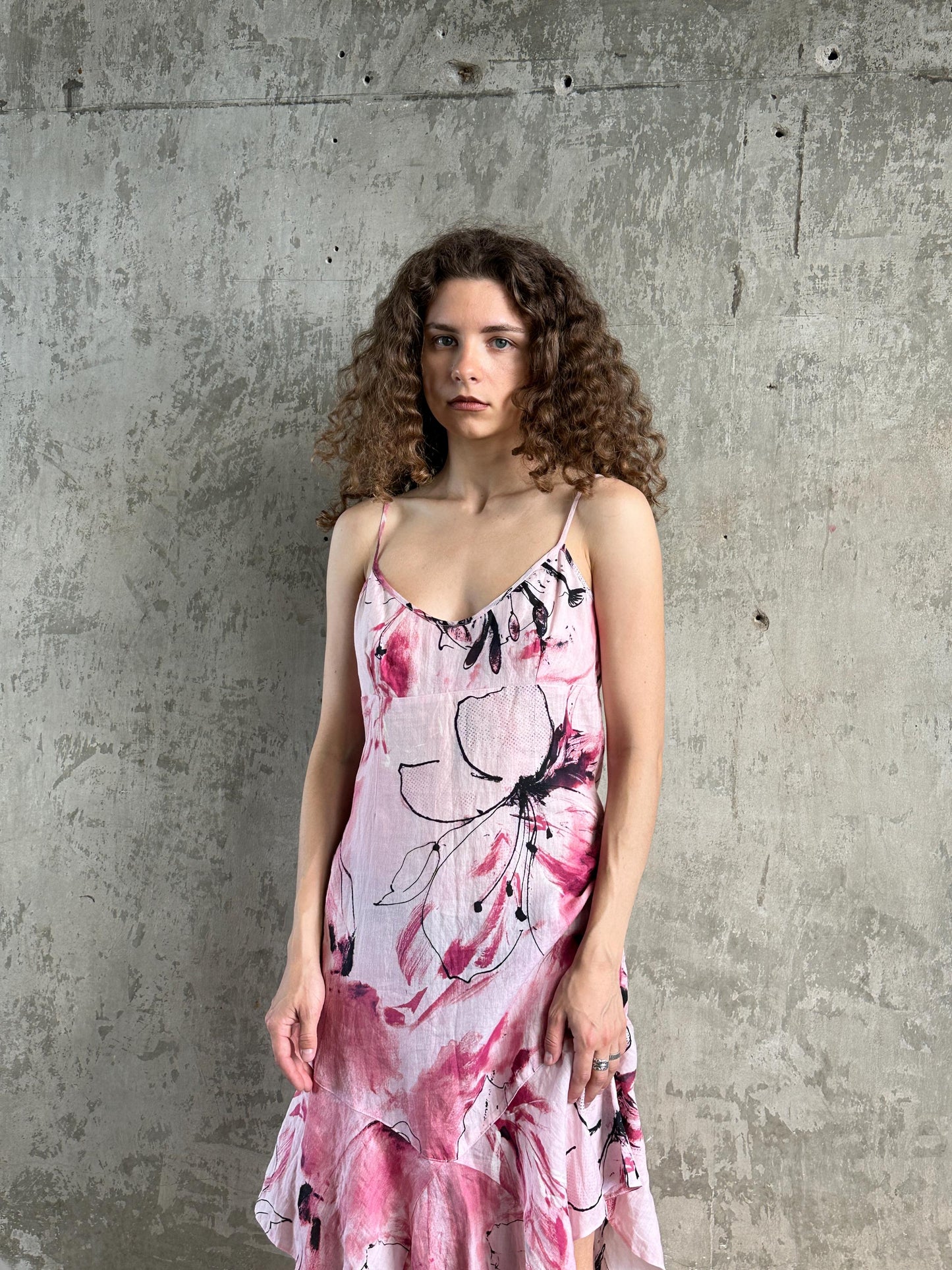 Vintage Floral Slip Linen Dress in Pink