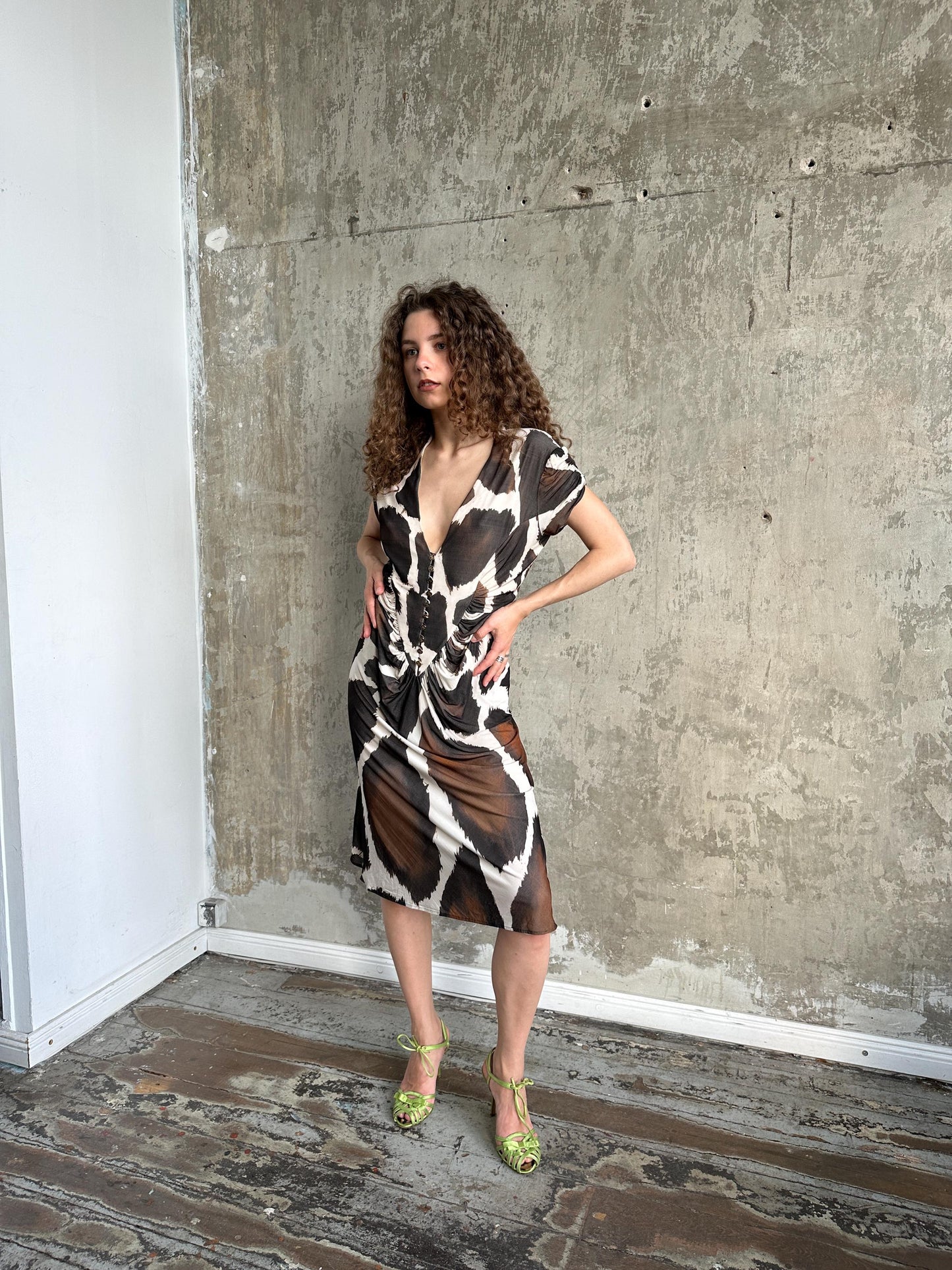 Vintage Roberto Cavalli Giraffe Print Silk Midi Dress in Brown and Cream