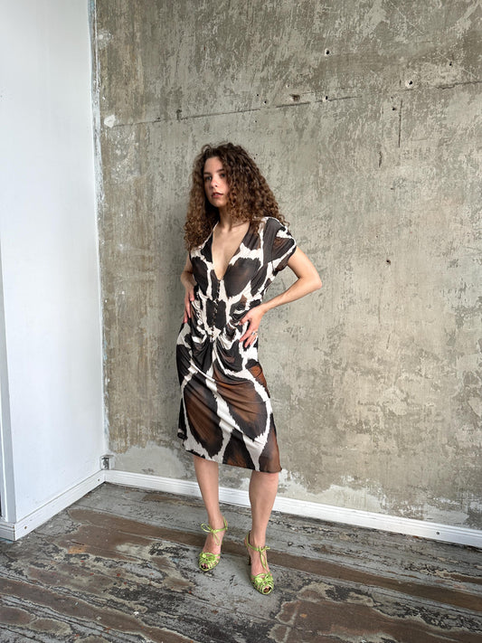 Vintage Roberto Cavalli Giraffe Print Silk Midi Dress in Brown and Cream