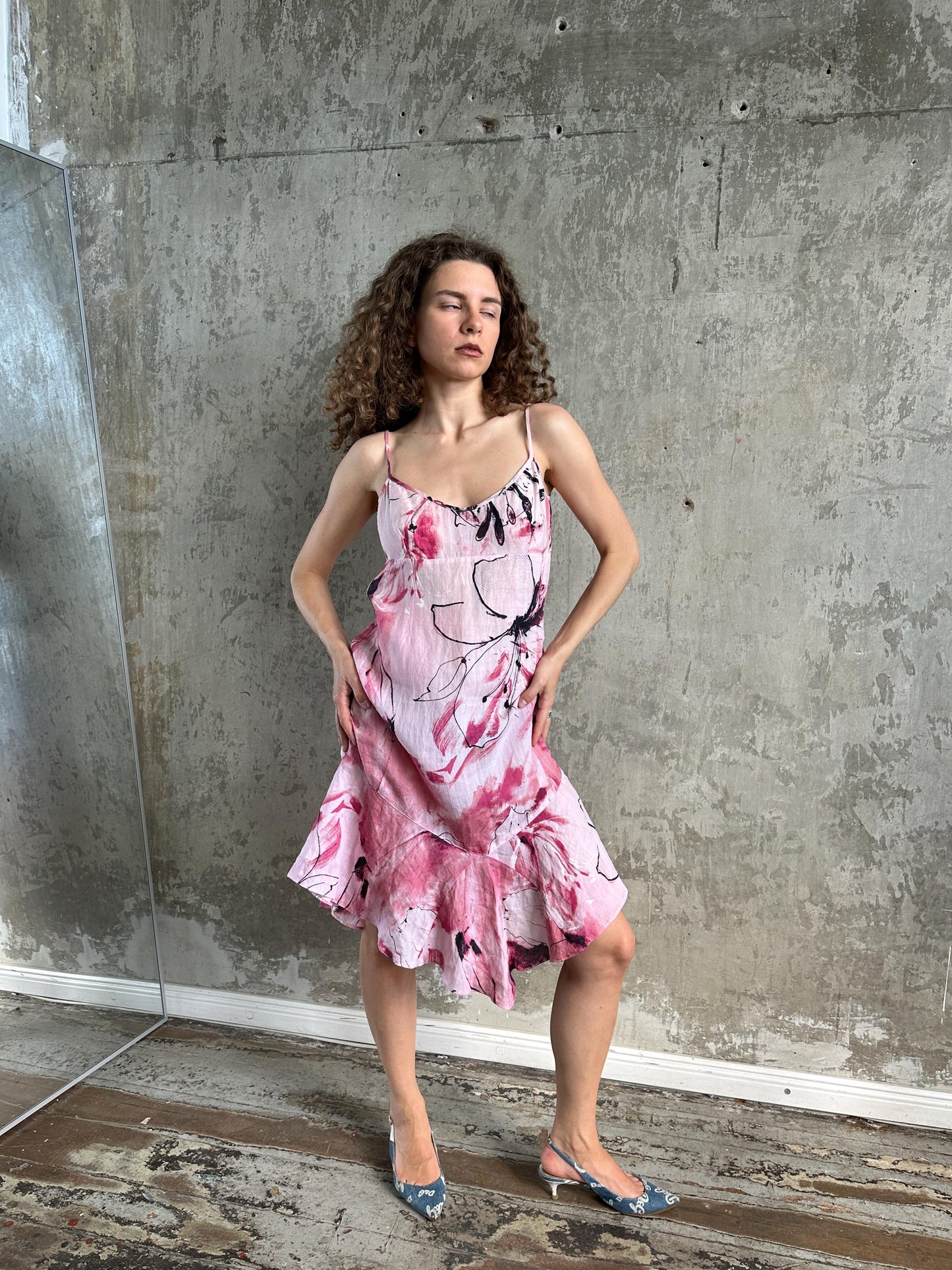 Vintage Floral Slip Linen Dress in Pink