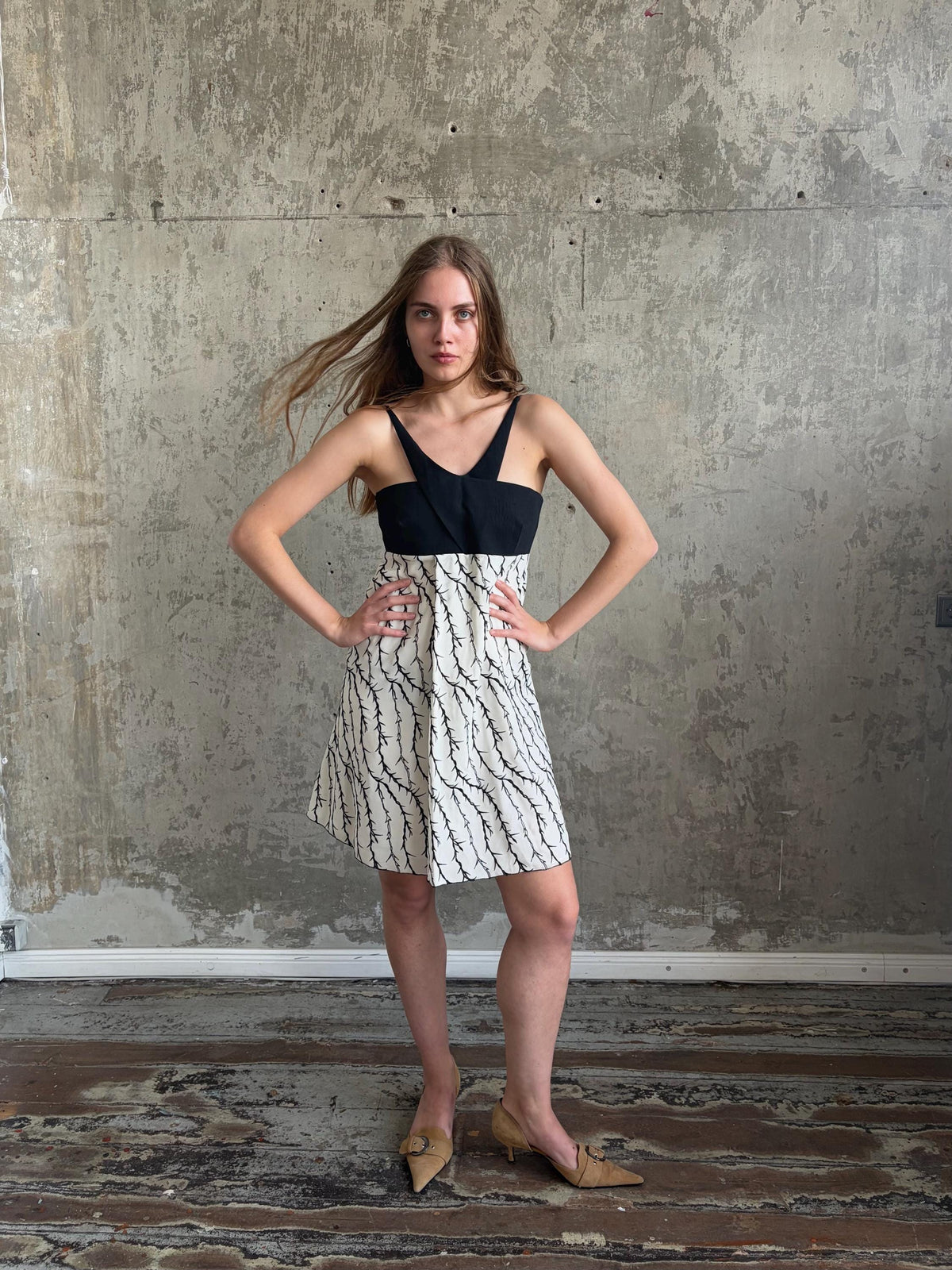 Vintage Balenciaga Branch Halter Dress in Black and White | Nicolas Ghesquière Era Silk Dress
