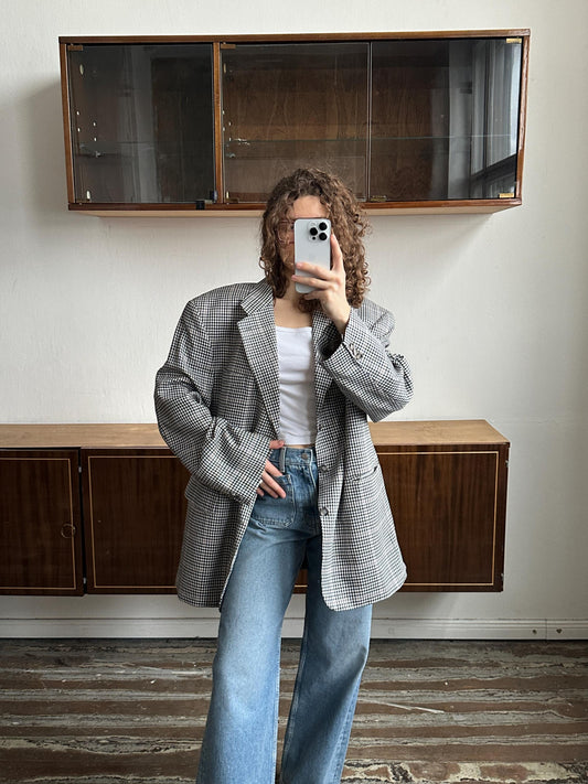 Vintage boyfriend check blazer in black and white, wool blazer