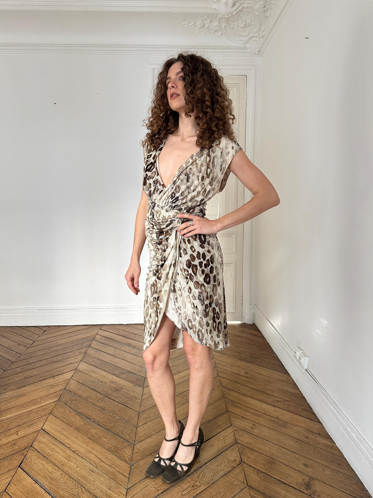 Vintage Roberto Cavalli Leopard Print Wrap Dress in Beige