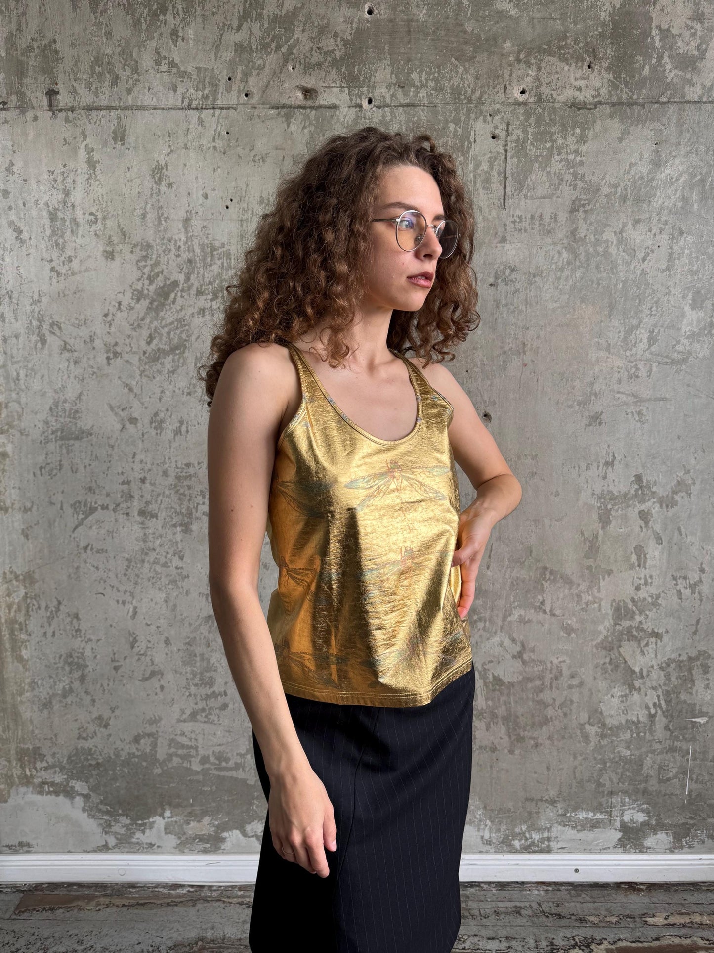 Vintage Just Cavalli Gold Metallic Tank Top, Y2K Italian Designer Clubwear Camisole
