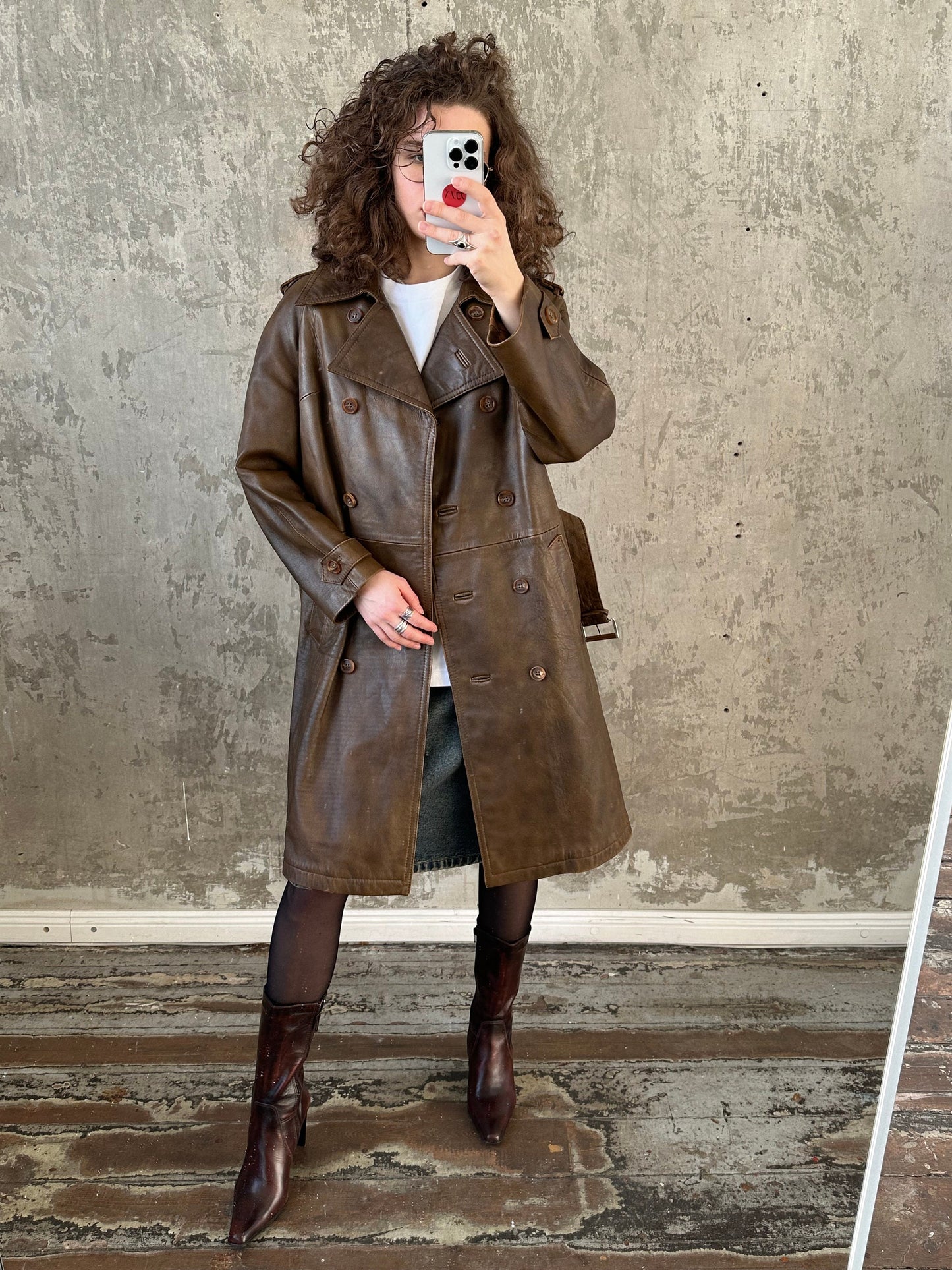 Vintage 90s genuine leather coat in brown, belted coat