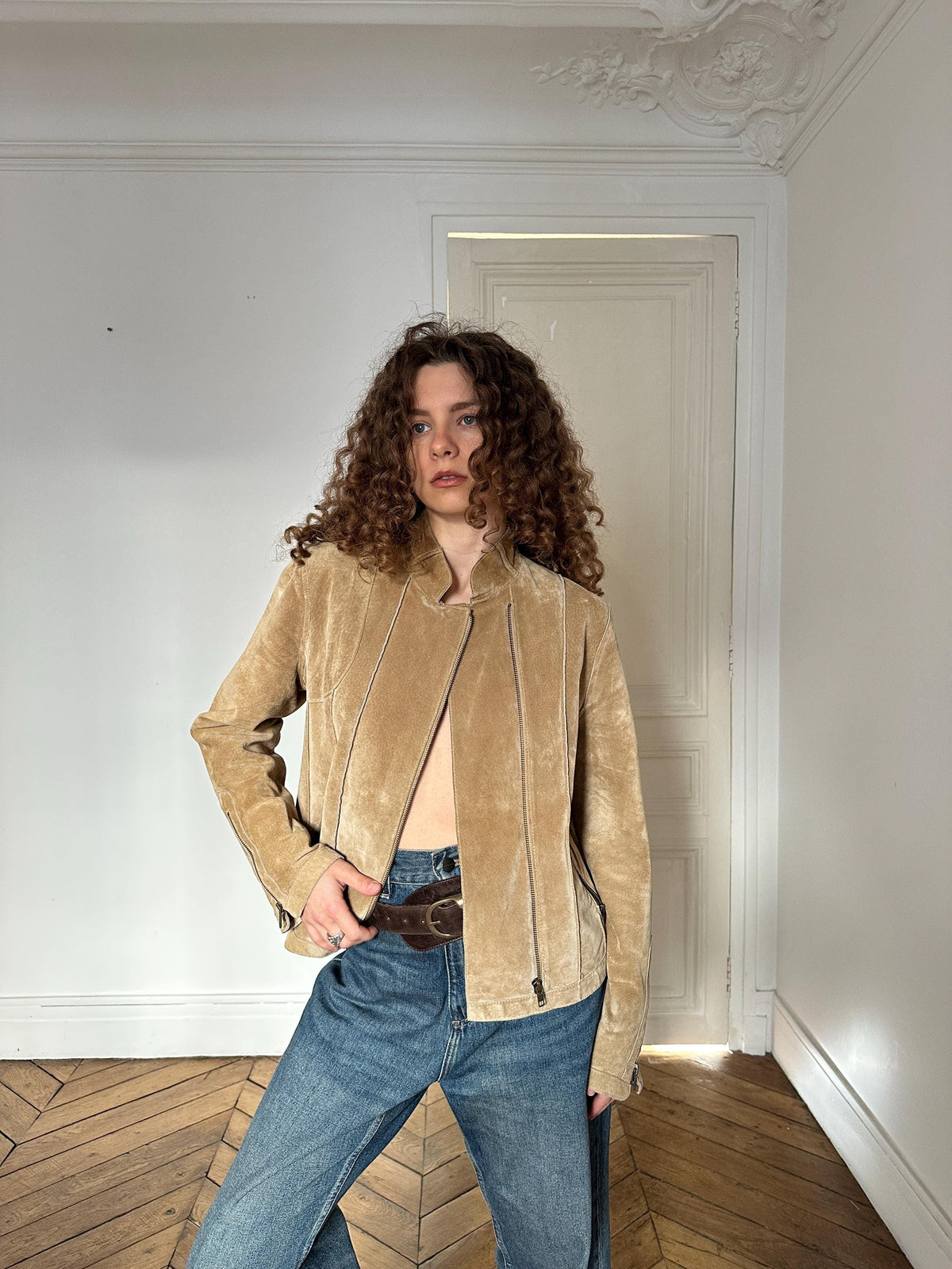 Vintage 90s Beige Suede Leather Motorcycle Jacket