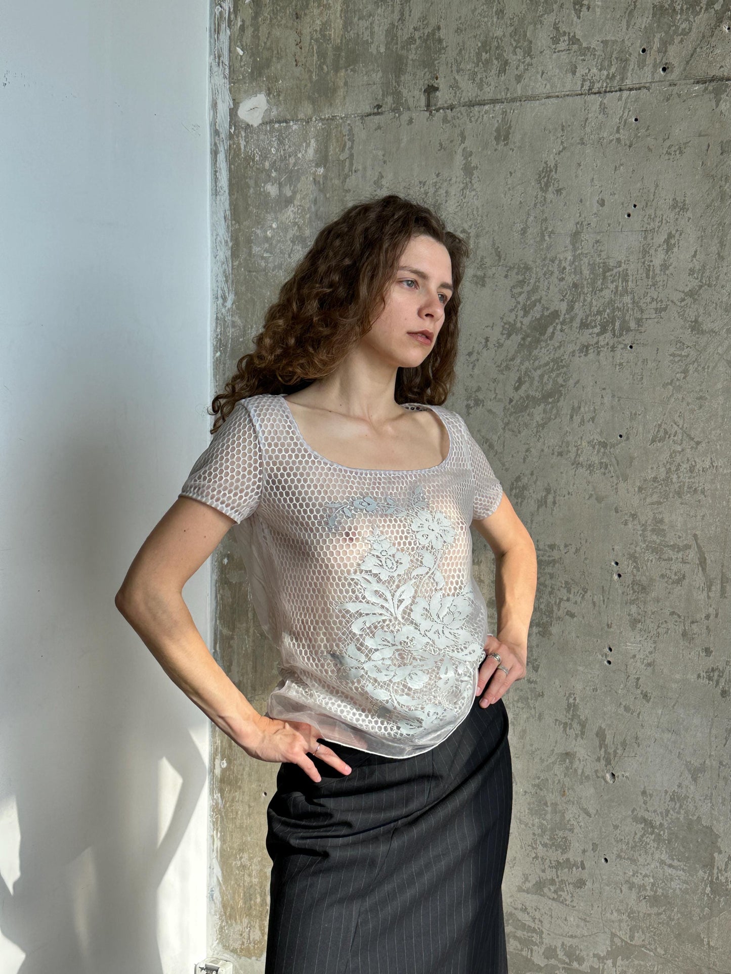 Vintage Cavalli Jeans Grey Mesh Top | Sheer Fishnet T-Shirt