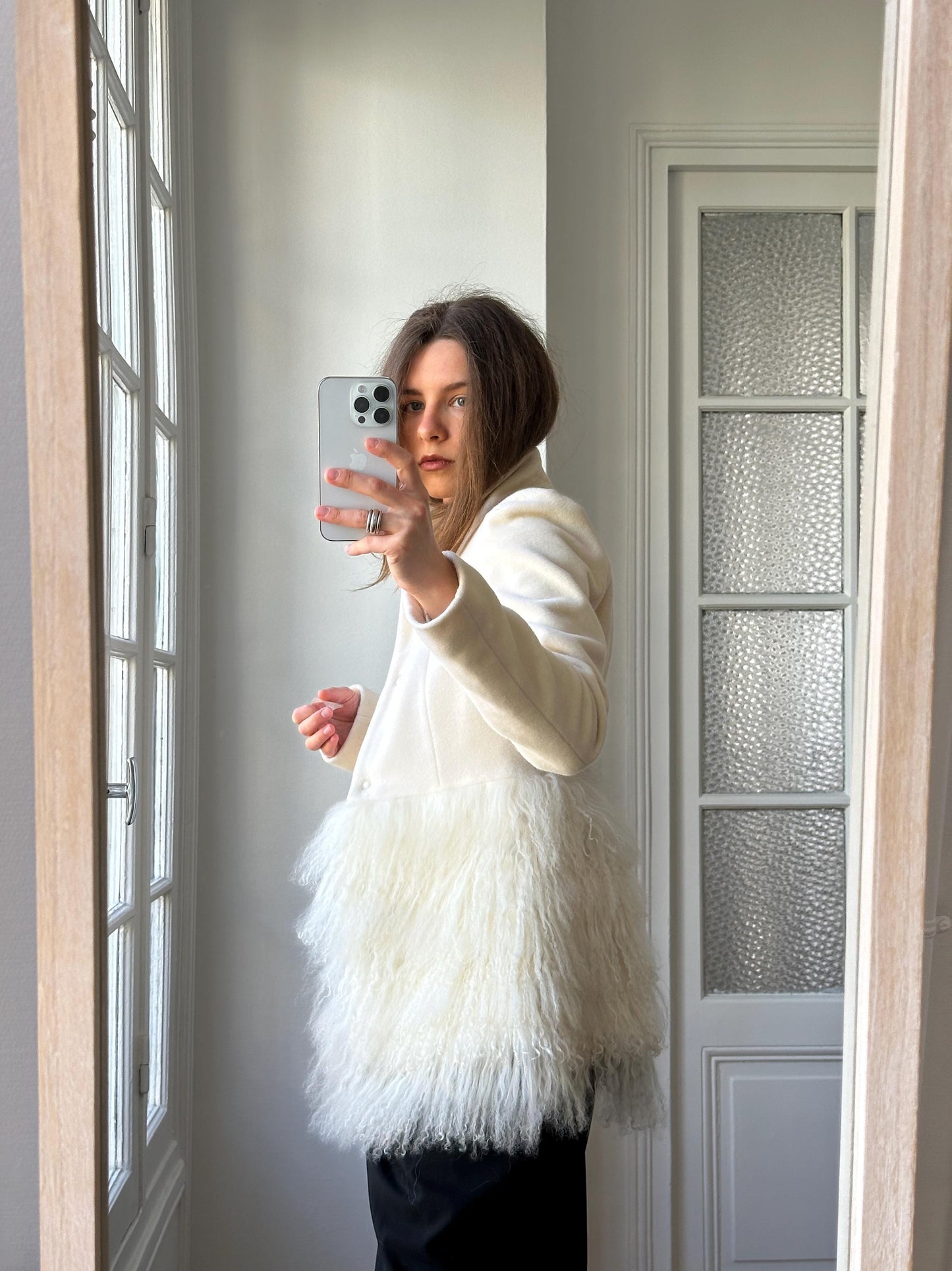 Vintage Y2K Ivory Wool Short Coat with Tibetan Lamb Fur Hem