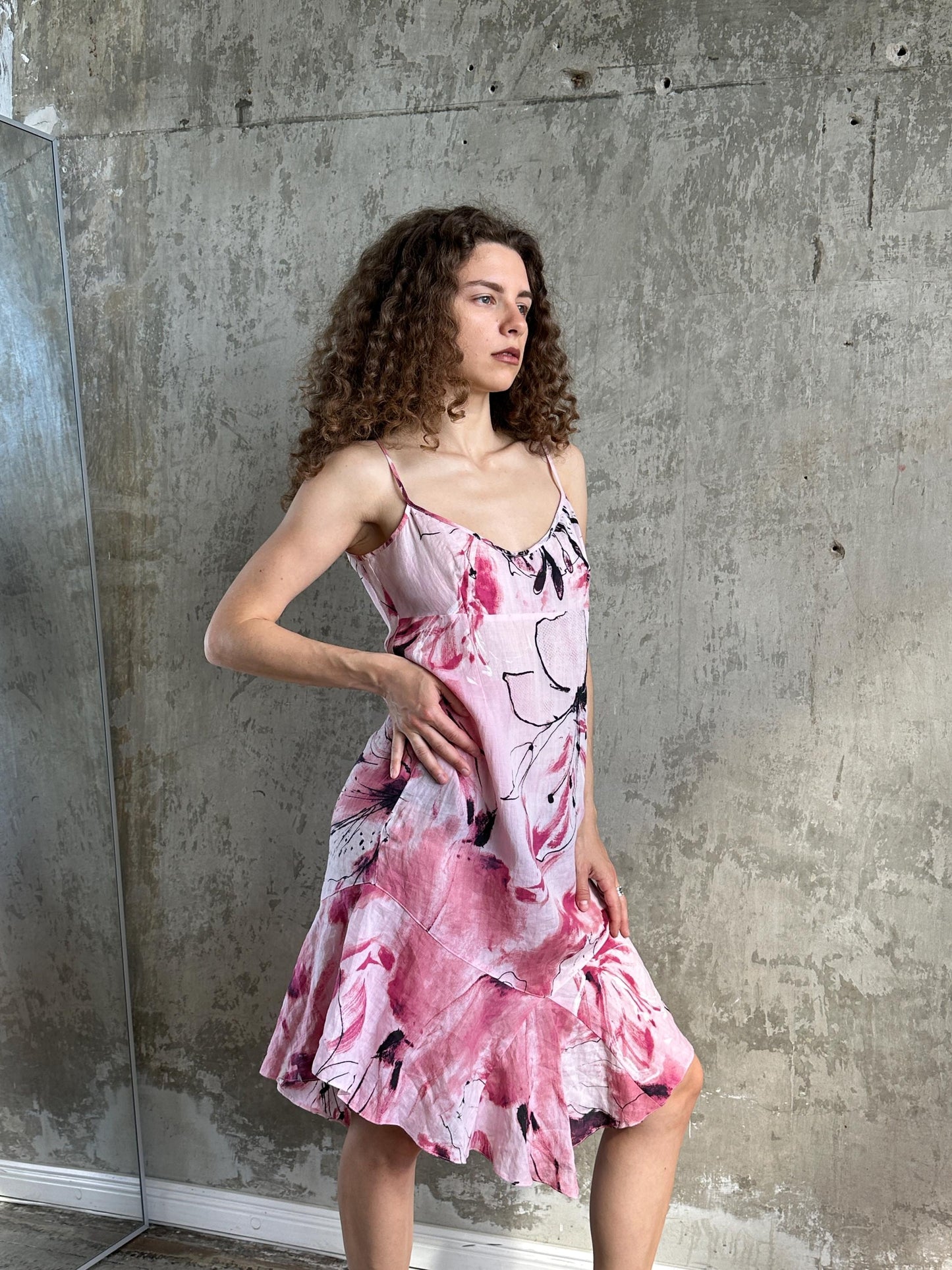 Vintage Floral Slip Linen Dress in Pink