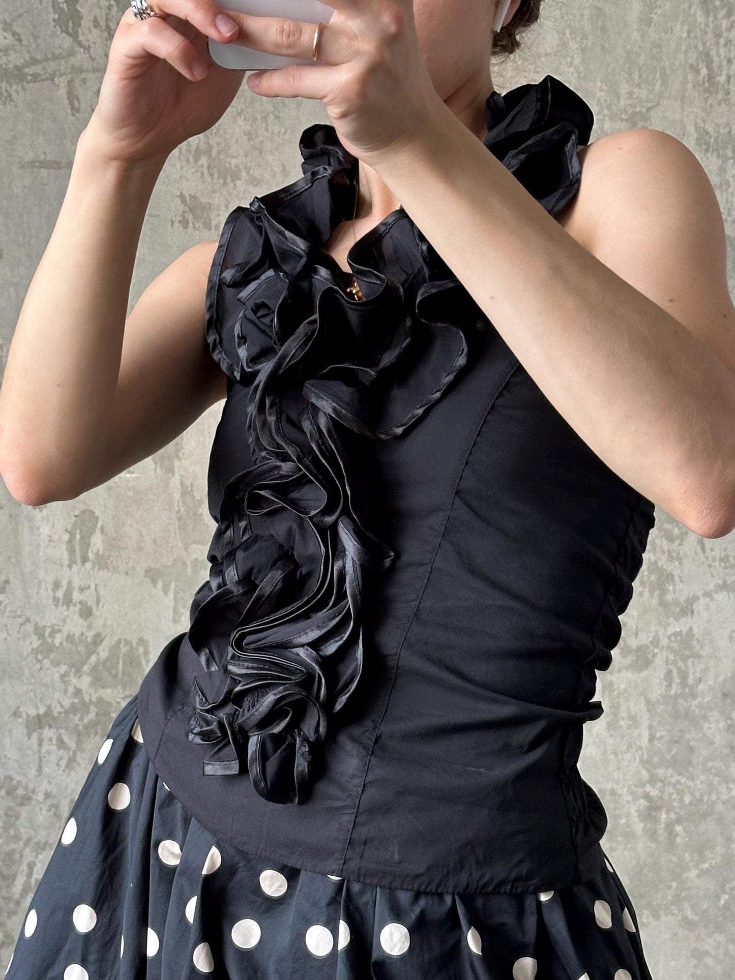 Vintage tube halter top in black with floral detail