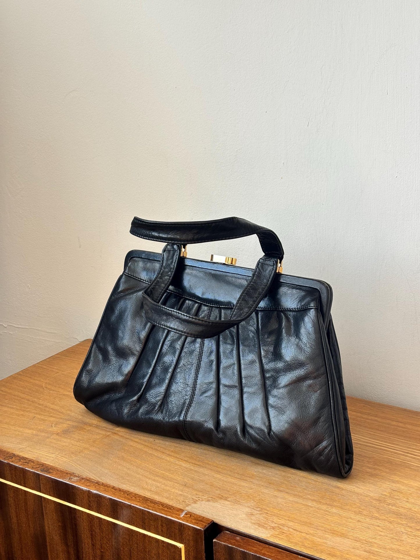 Vintage 90s Structured Top Handle Faux Leather Bag In Black