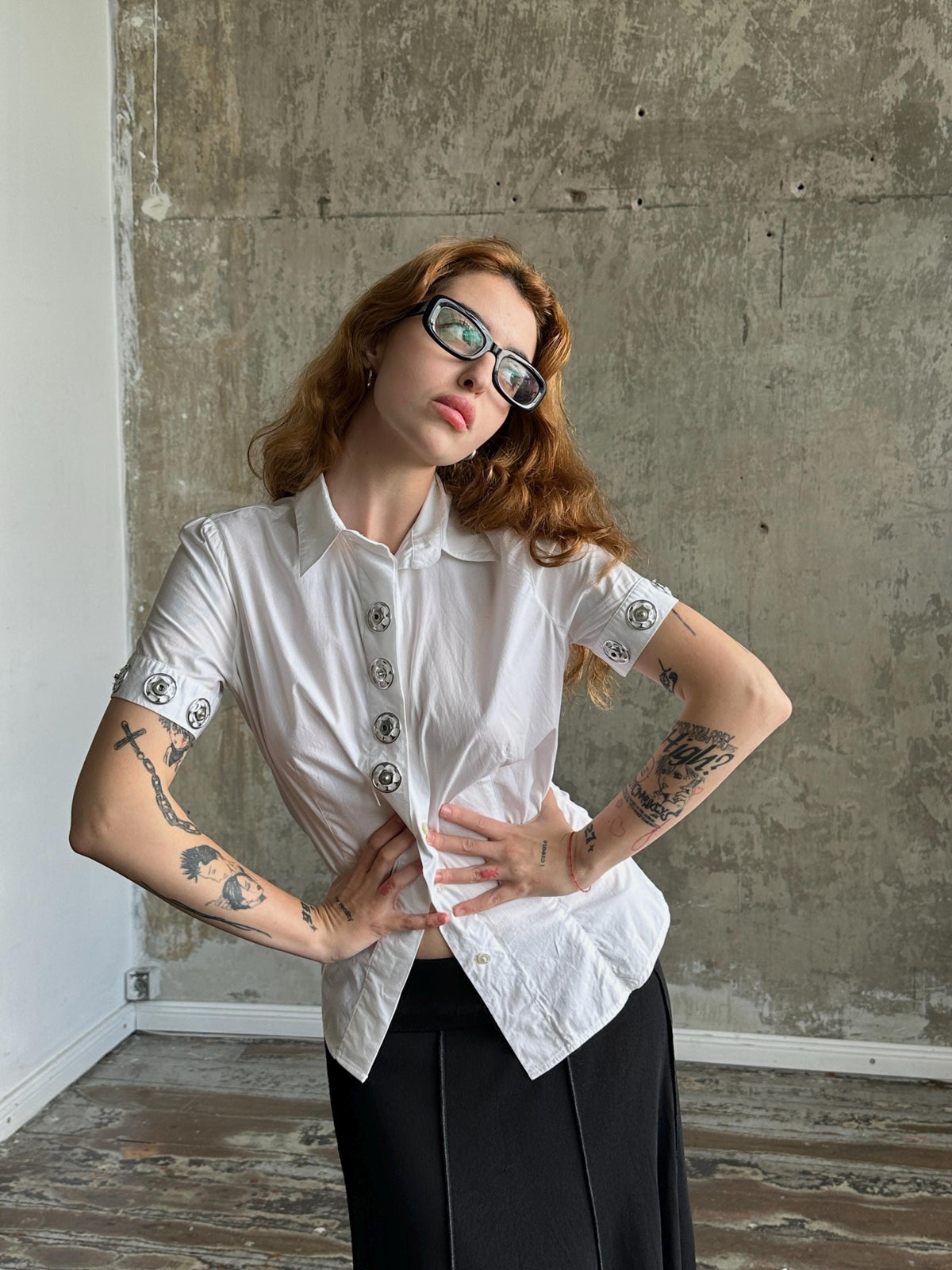 Vintage Moschino Jeans White Fitted Shirt | Silver Ring Detail Blouse