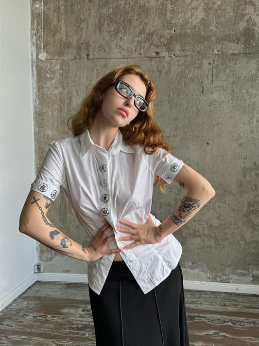 Vintage Moschino Jeans White Fitted Shirt | Silver Ring Detail Blouse