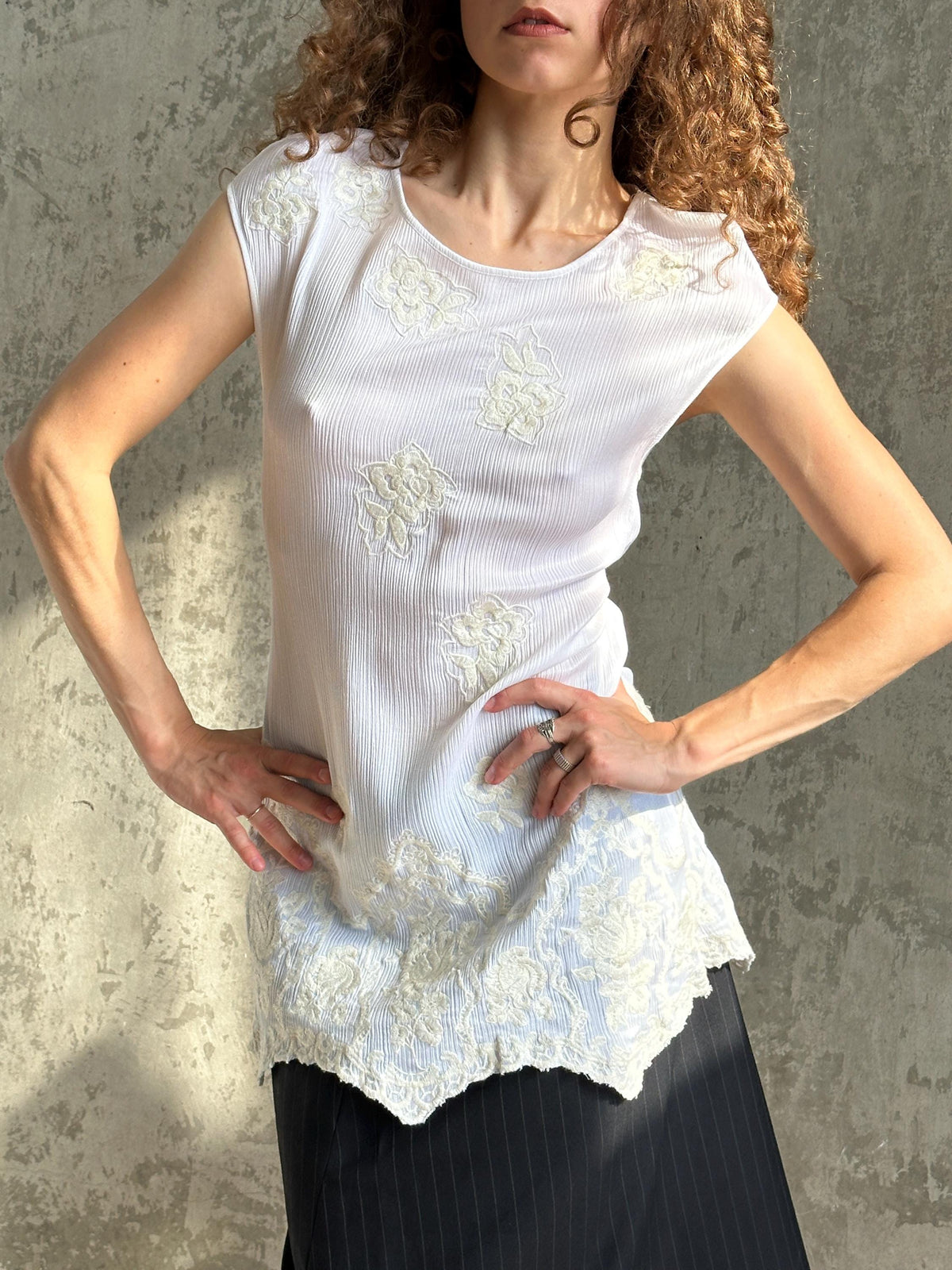 Vintage White Silk Floral Tunic | Embroidered Romantic Dress