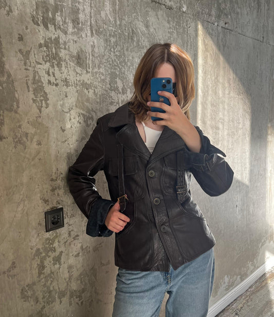 Vintage 90s leather button up denim lining detail jacket in brown