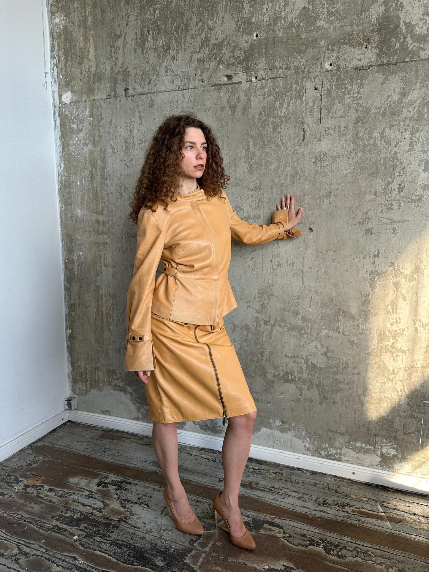 Vintage 90s Camel Tan Leather Suit | Jacket & Zip Skirt Set in Brown