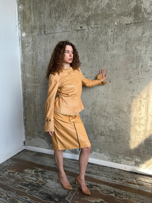 Vintage 90s Camel Tan Leather Suit | Jacket & Zip Skirt Set in Brown