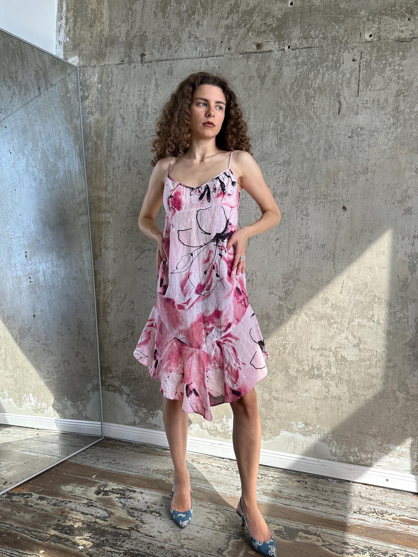 Vintage Floral Slip Linen Dress in Pink