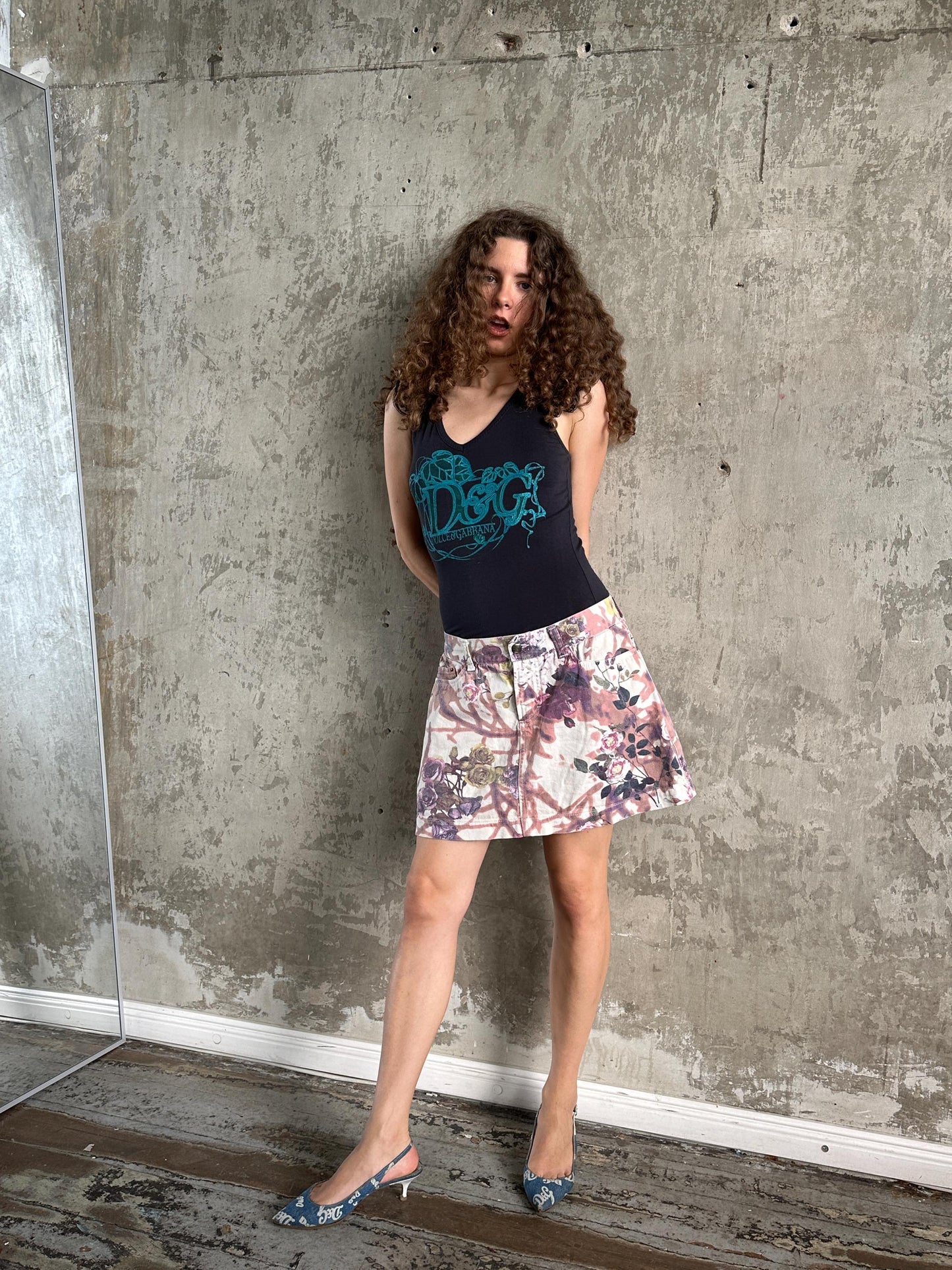 Vintage Y2K Cavalli Denim Floral Mini Skirt in Pink
