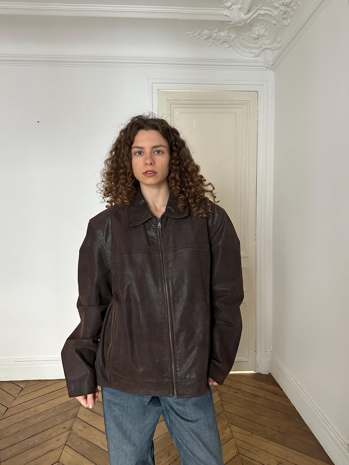 Vintage 90s Oversized Brown Leather Jacket in Brown