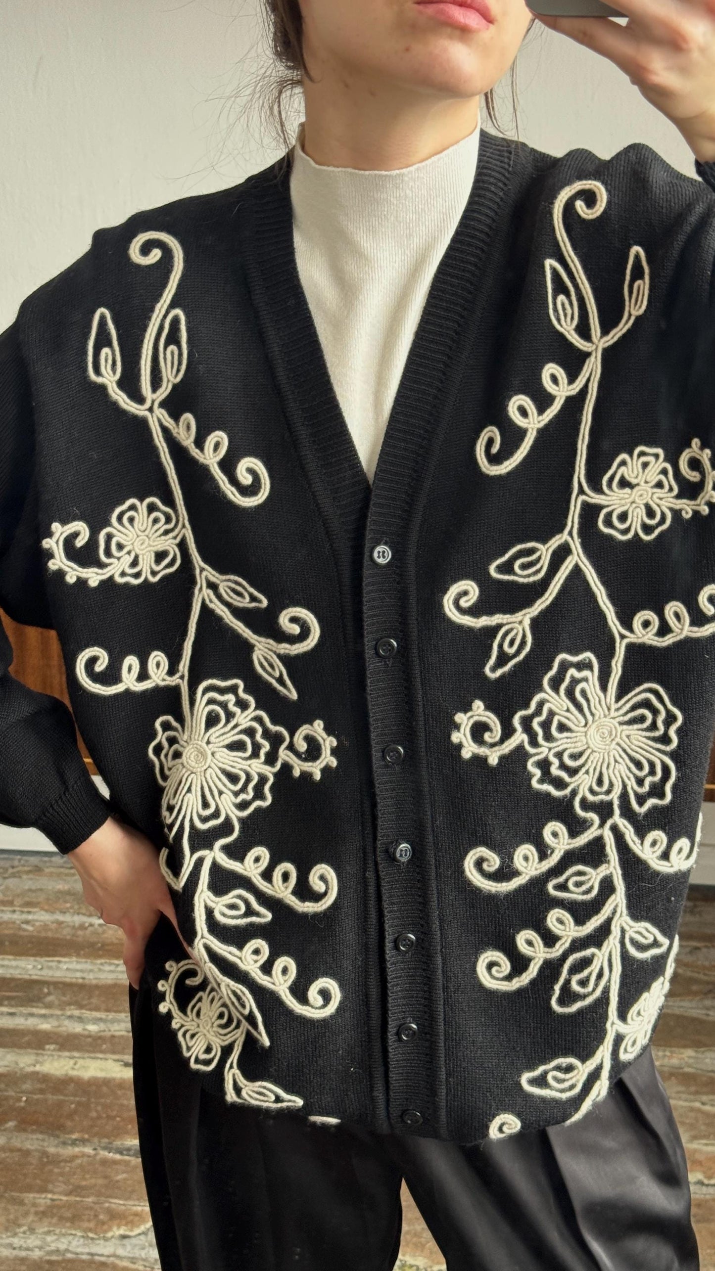 Vintage Oversized Wool Embroidered Cardigan In Black & White