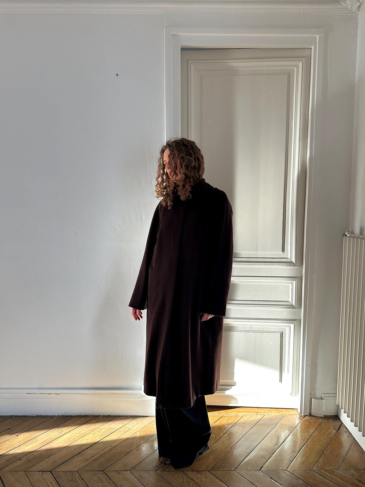 Vintage Les Copains Long Wool Angora Cashmere Coat in Chocolate Brown
