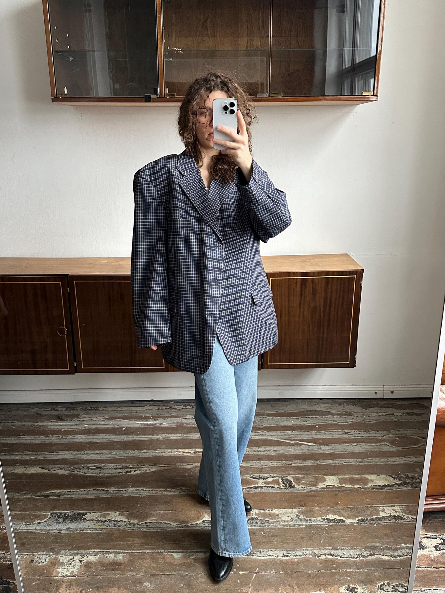 Vintage 90s oversized blazer in blue with a white checkered pattern