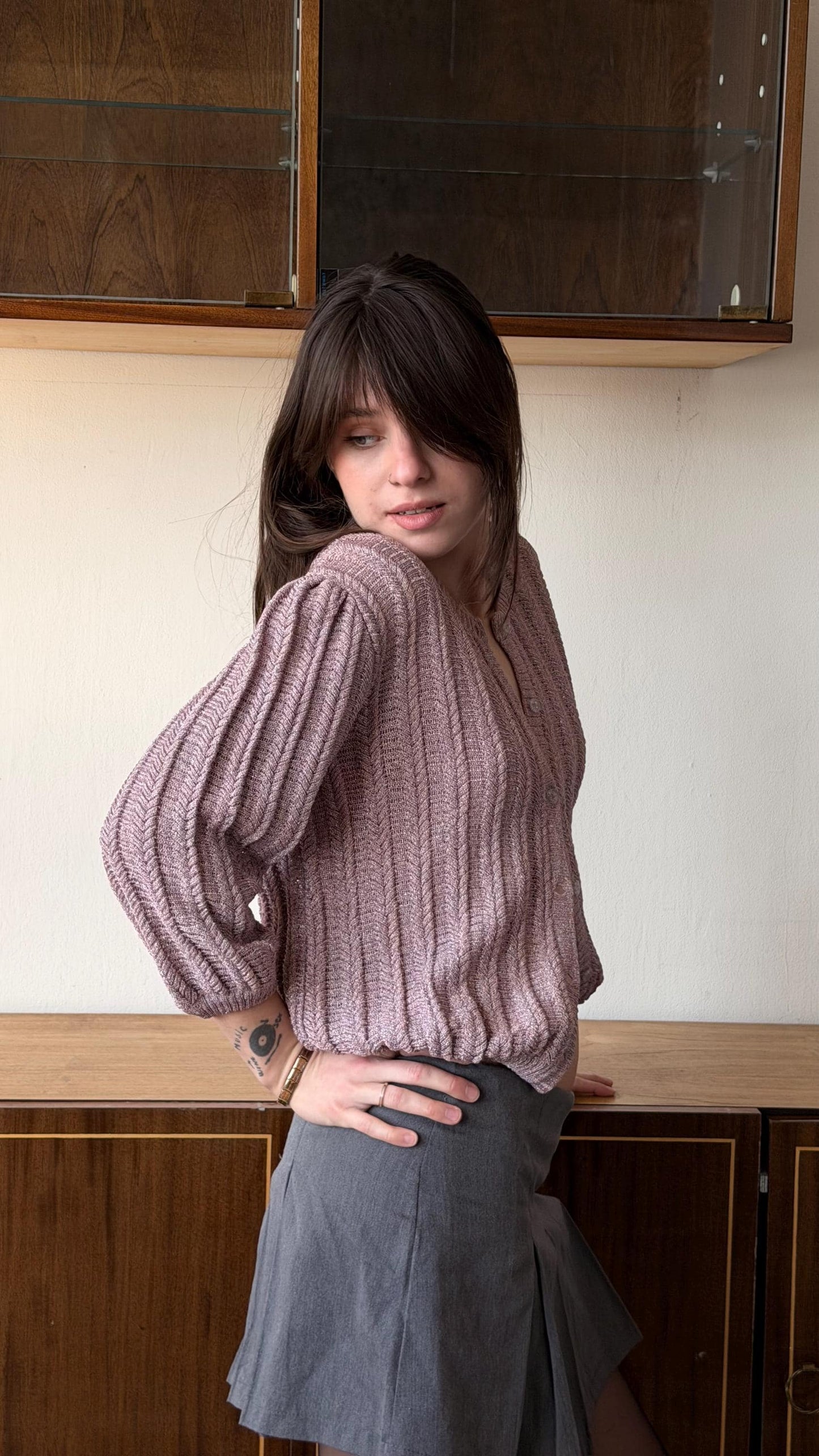 Vintage 90s Knit Cardigan, Soft Girl Minimalist Coquette Top in Mauve