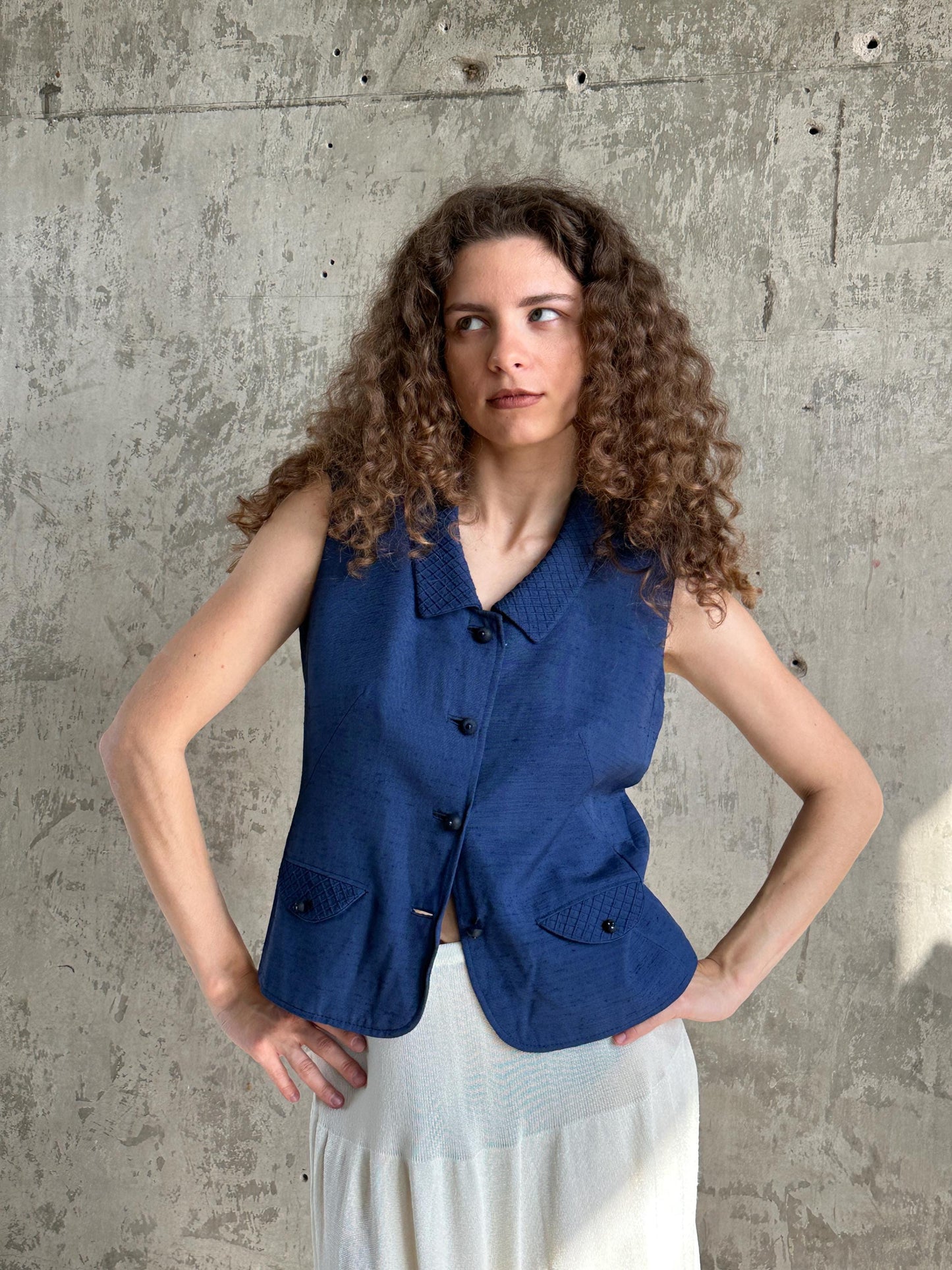 Vintage Italian Blue Linen Waistcoat Vest