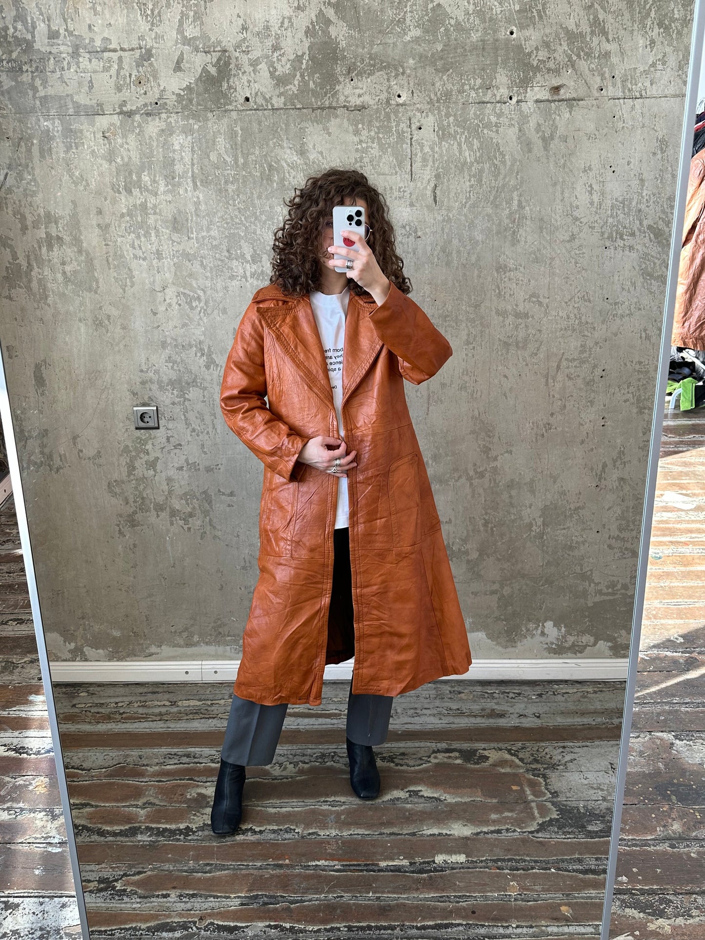 Vintage 90s genuine leather coat in orange