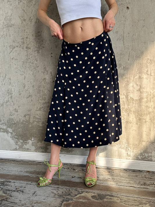 Vintage 90s Italian Silk Polka Dot Maxi Skirt in Black and White