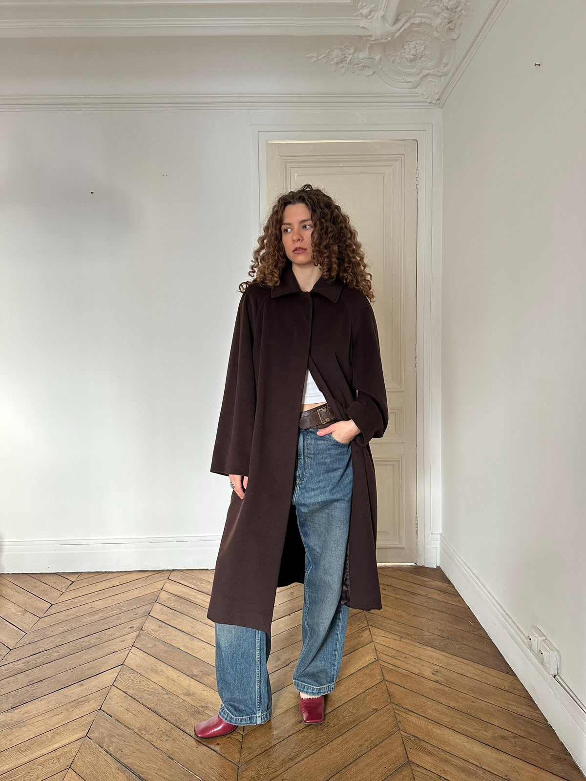 Vintage Les Copains Long Wool Angora Cashmere Coat in Chocolate Brown