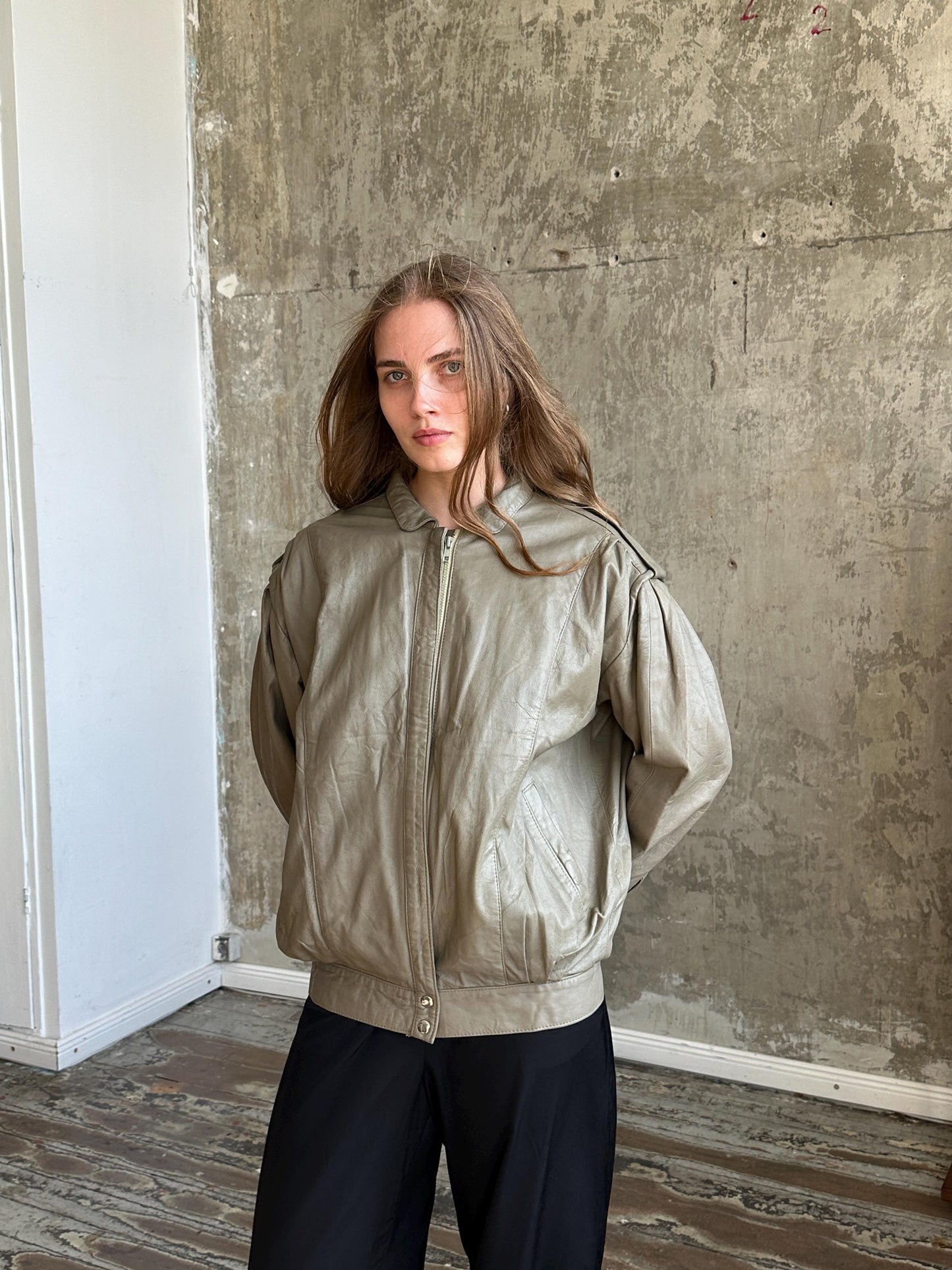 Vintage Oversized Leather Grey Bomber Jacket