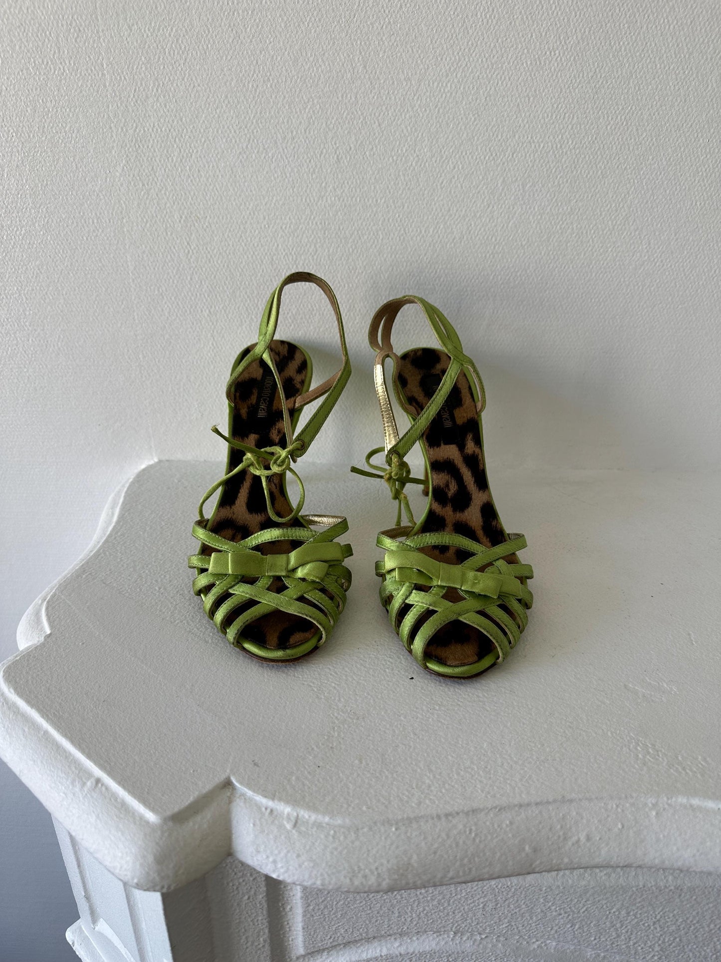 Roberto Cavalli Lime Green Metallic Satin Strappy Heels I EU 38